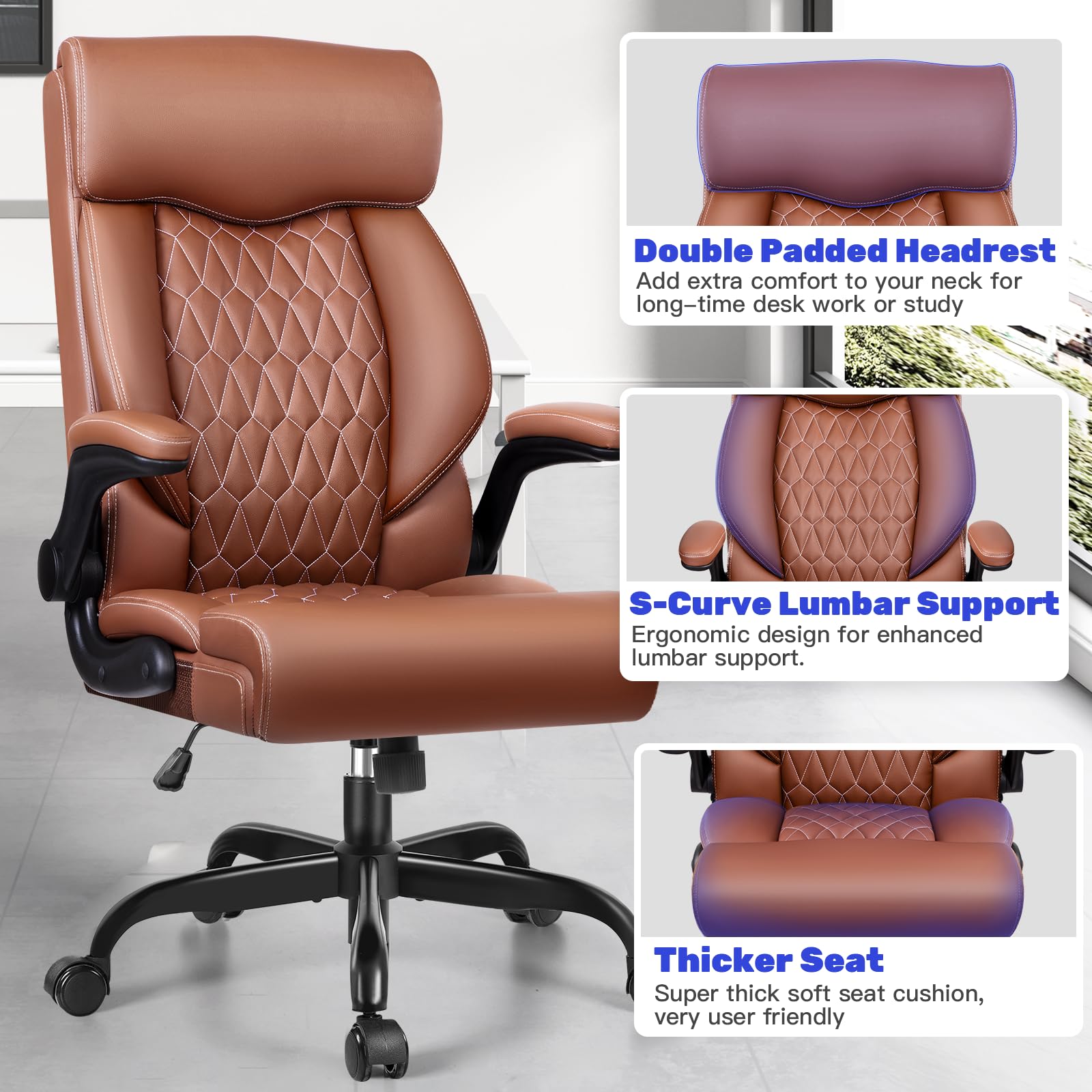 Premium Ergonomic High Back Executive Office Chair - Adjustable Lumbar Support & Flip-Up Armrests - Leather Managerial Desk Chair with Rocking Function for Home & Business Use