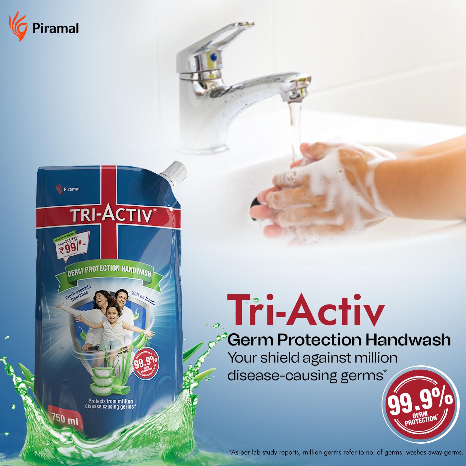 Tri-Activ Liquid Hand Soap Refill Pack - 750ml x 3 (2250ml Total) | 99.9% Germ Protection with Aloe Vera & Avocado | Gentle Moisturizing Hand Wash for Dry Skin | Perfect for Home, Office & Travel Use