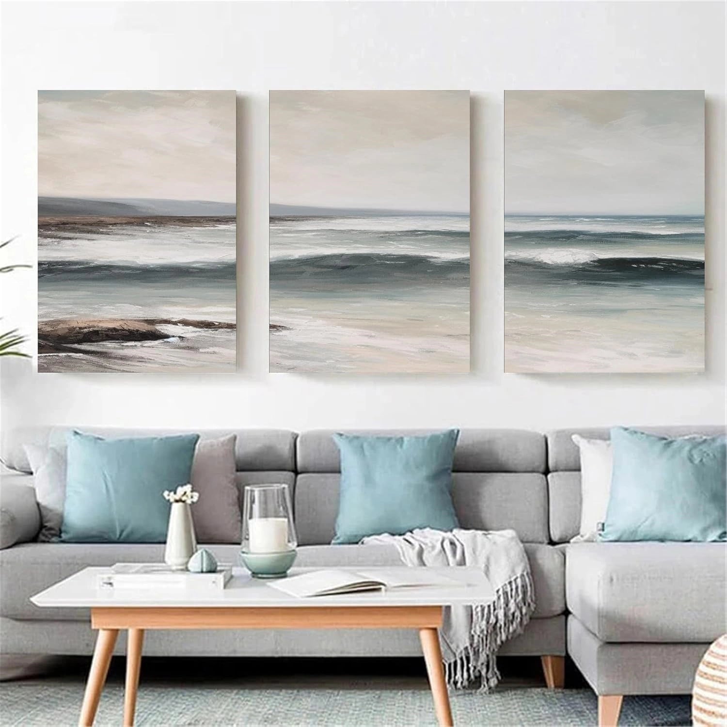 Ocean and Sky Wall Art Set of 3 - Coastal Beach Decor Paintings for Living Room, Bedroom & Office - Modern Seascape Canvas Prints (OS 260)