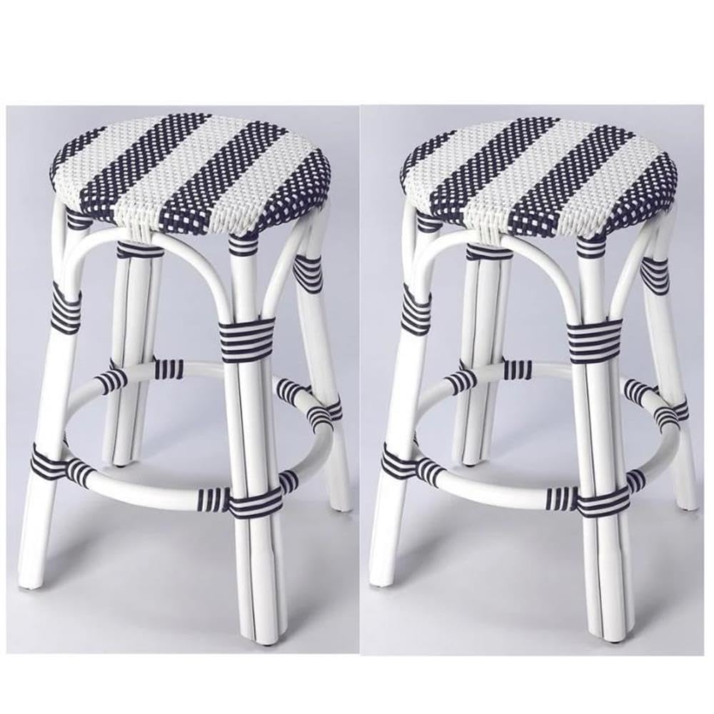 Home Square 2-Piece Rattan Counter Stool Set - Blue & White Bar Stools for Kitchen Island, Breakfast Nook & Outdoor Patio