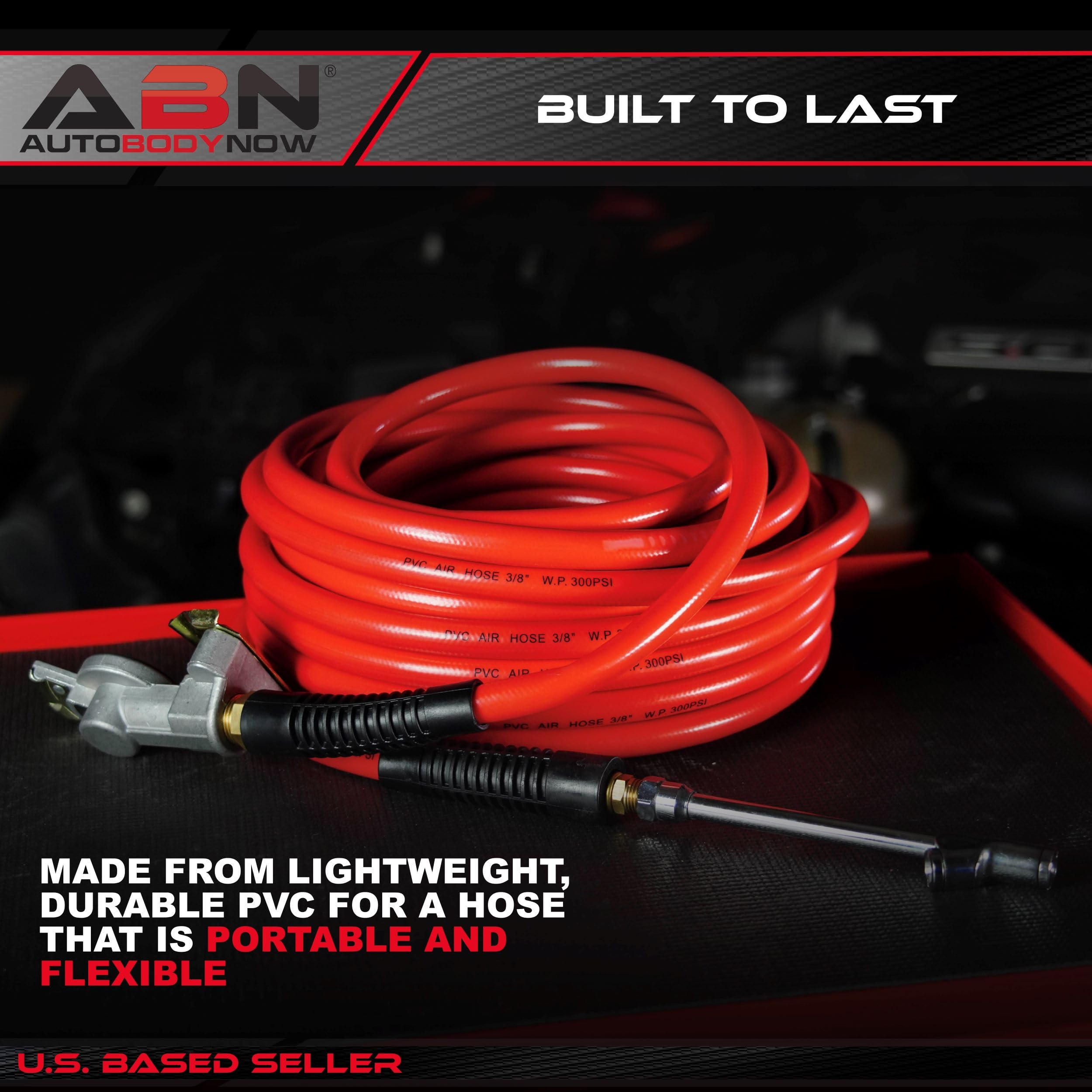 ABN 50ft 3/8 Inch Air Compressor Hose - 300 PSI Heavy Duty Lightweight PVC Flex Air Hose for Pneumatic Tools, Tire Inflation, and Workshop Use