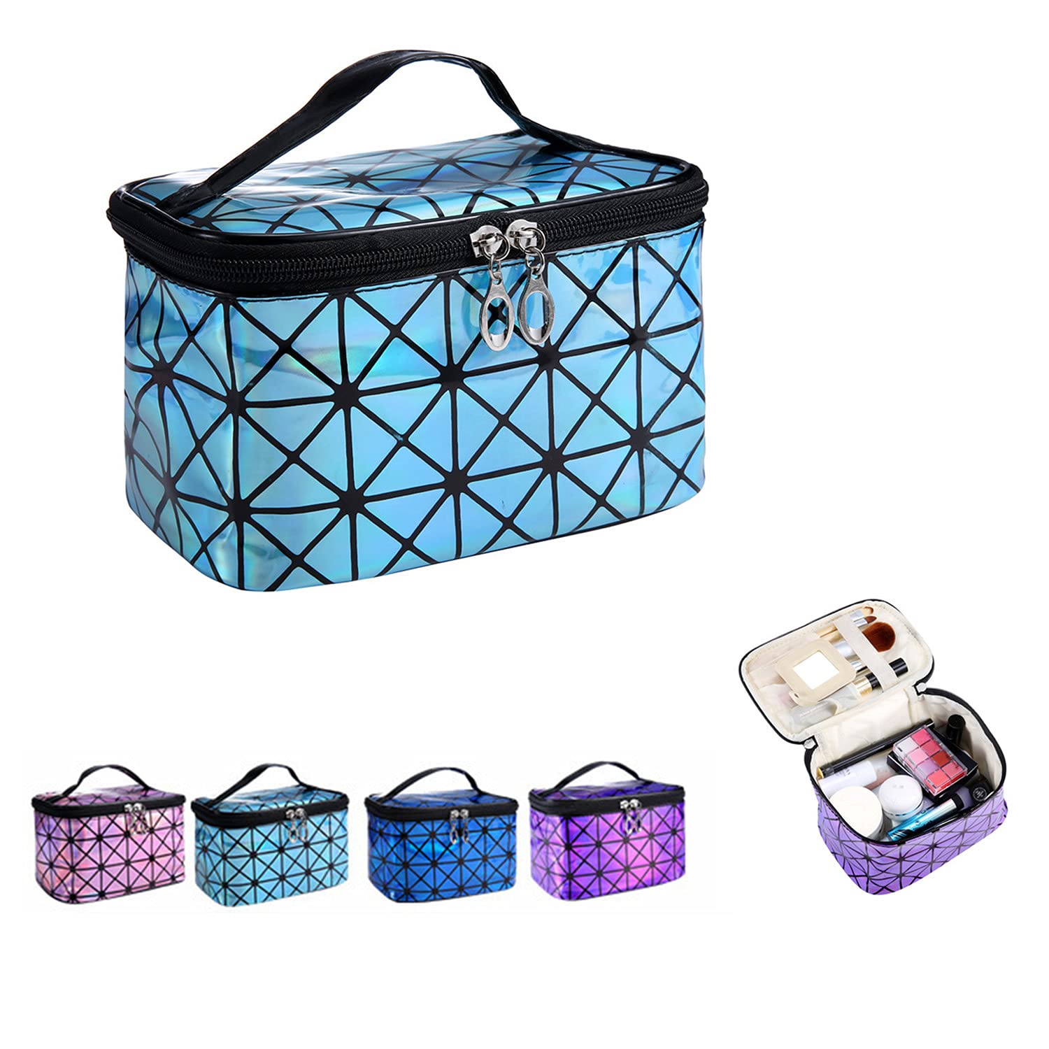 Holographic Makeup Bag for Women - Large Fashion Cosmetic Travel Organizer & Toiletry Pouch (Blue) | Perfect for Travel, Gym, and Daily Beauty Essentials Storage