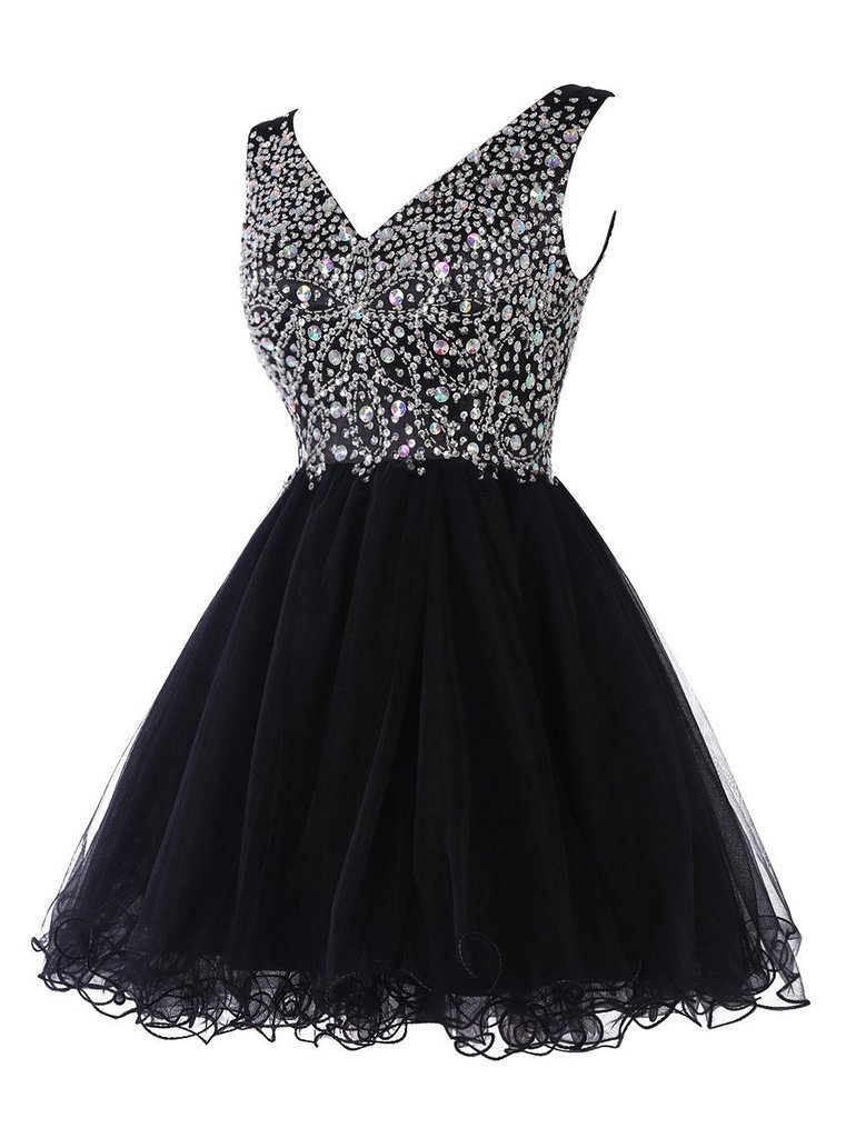 Elegant Women's Short V-Neck Beaded Tulle Cocktail Dress for Party, Homecoming, Prom & Special Occasions