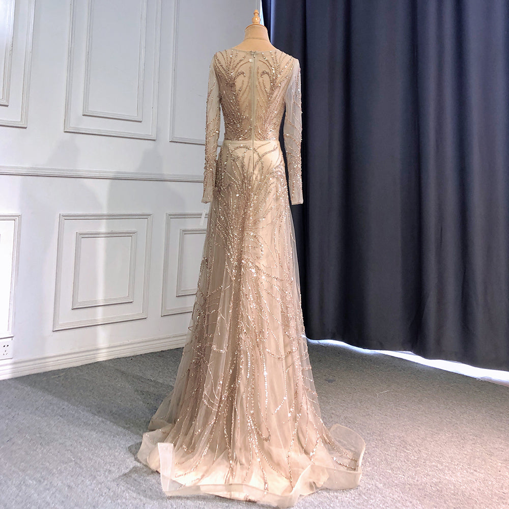 Serene Hill 2025 Luxury Beaded A-Line Evening Gowns for Women - Elegant O-Neck Long Sleeve Party Dress LA71667 | Perfect for Galas, Weddings & Formal Events