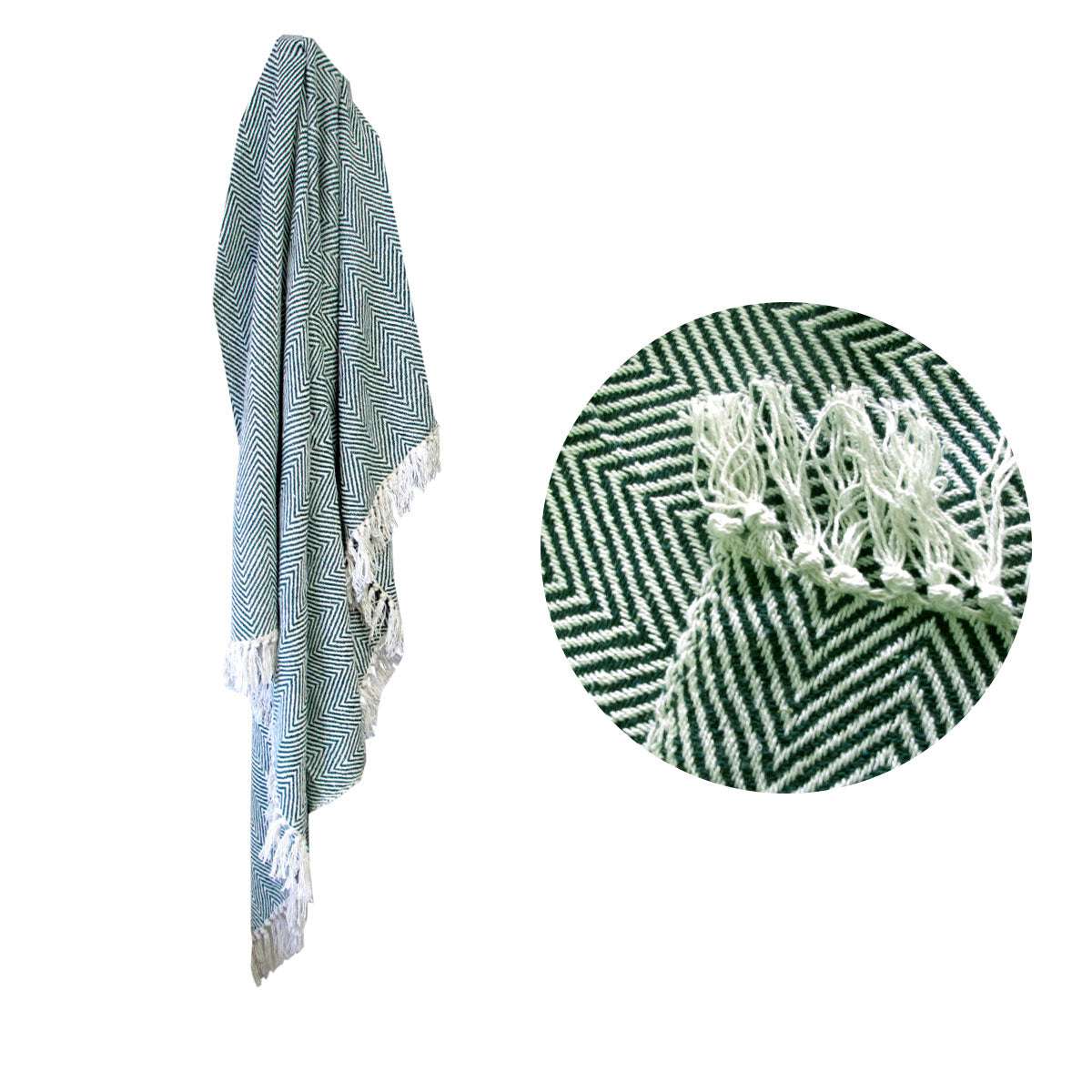 100% Cotton Fringe Throw Rug 125x150cm - Soft Chevron Pattern Green Boho Decor for Living Room, Bedroom & Nursery - Cozy Home Accent for Boho Chic Style