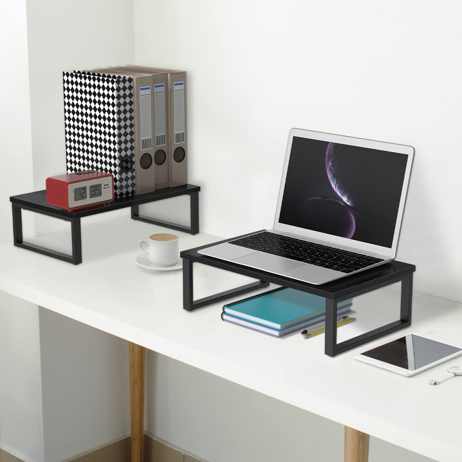 2 Pack Black Wood Monitor Stand Riser with Storage - Adjustable Laptop & Computer Desk Organizer, Desktop Printer Shelf, PC Monitor Lift for Home Office & Gaming Setup