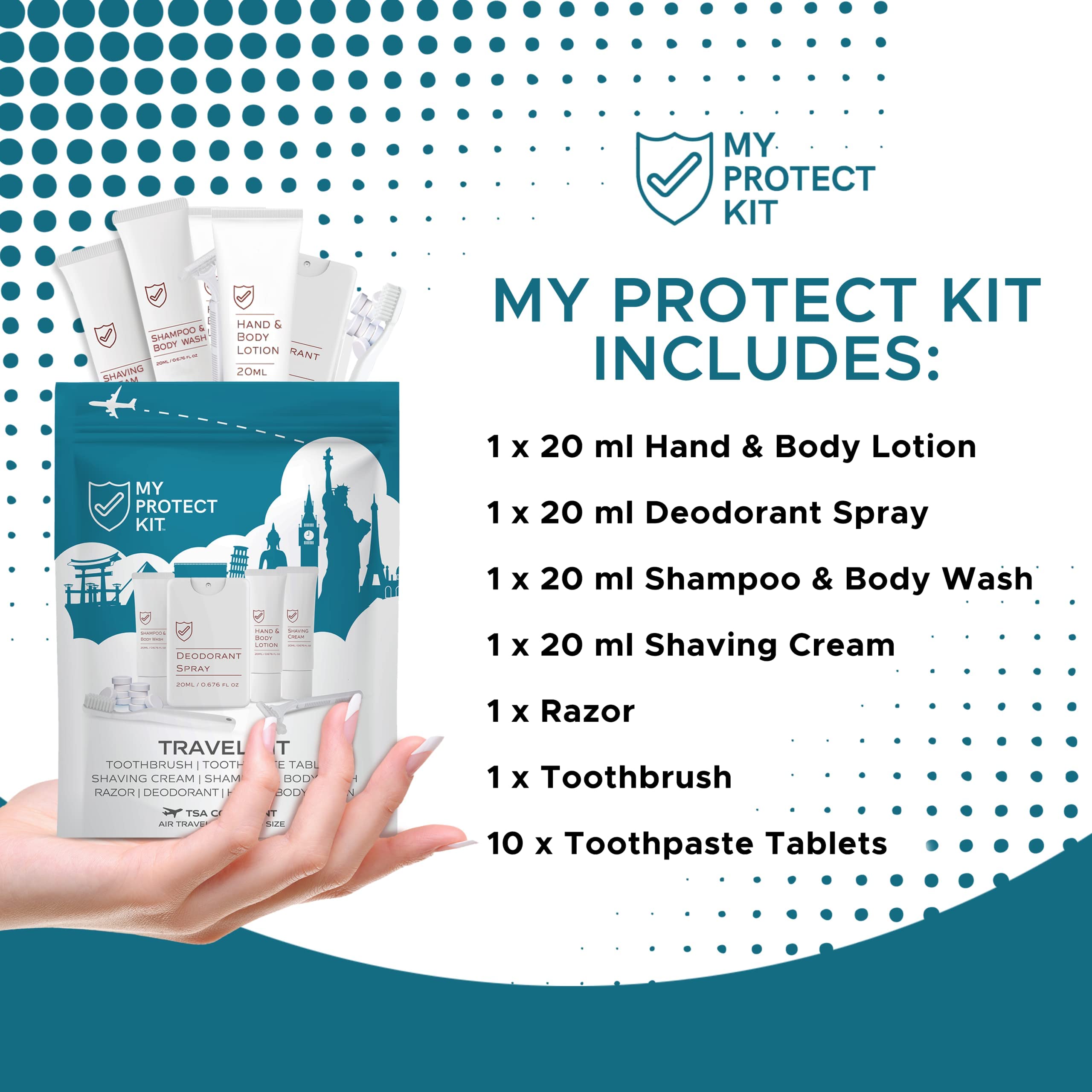 TSA Approved Travel Kit for Men & Women - Essential Hygiene Set with Toiletries | Includes Hand & Body Lotion, Deodorant, Shampoo, Body Wash, Shaving Cream, Razor, Toothbrush & Toothpaste Tablets | Perfect for Air Travel, Camping & Gym by My Protect Kit