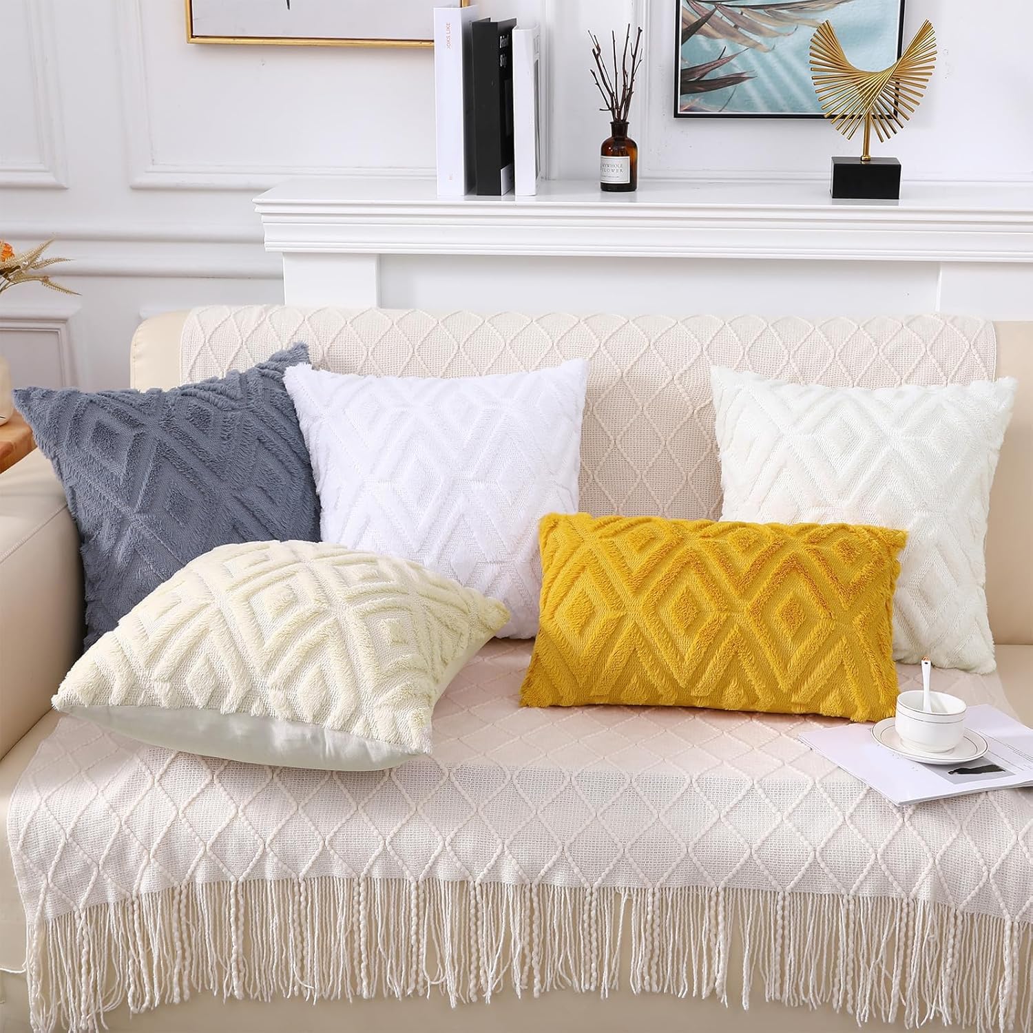 Pallene Soft Faux Fur Throw Pillow Covers 26x26 Set of 2 - Plush Wool Decorative Couch Pillow Covers for Sofa, Bed, Living Room - 3D Diamond Pattern Blue Grey - Perfect for Home Decor, Cozy Winter Nights & Modern Interior Design