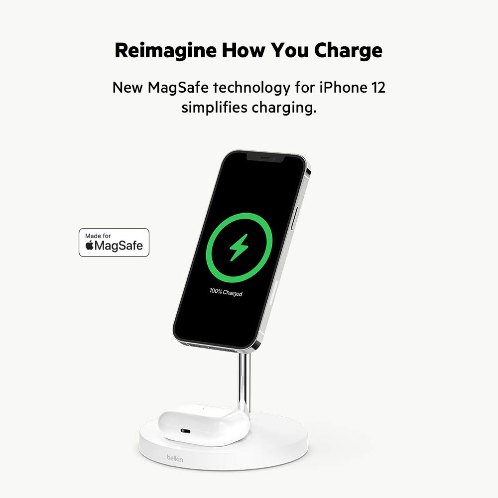 Belkin MagSafe 2-in-1 Wireless Charger Stand - 15W Fast Charging for iPhone 13/12/Pro/Pro Max/Mini & AirPods | Perfect for Bedside, Office Desk & Travel Charging