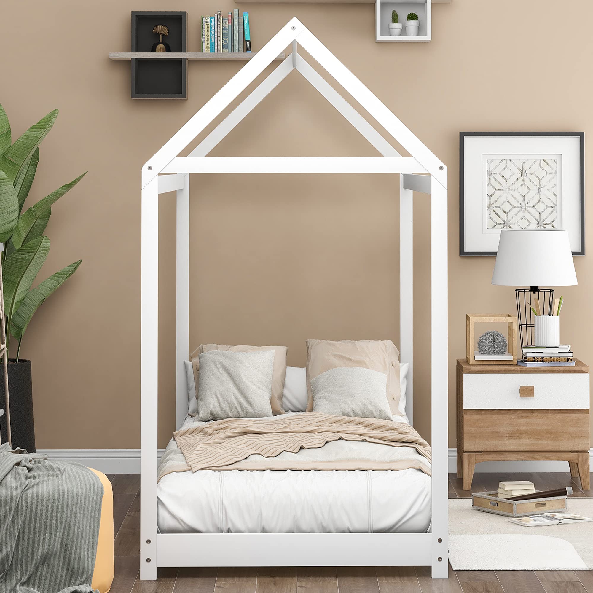 Merax Twin Size Wooden House Bed with Roof for Kids - Sturdy Wood Floor Bed Frame for Boys and Girls - Perfect for Playrooms, Bedrooms & Kids' Sleepovers