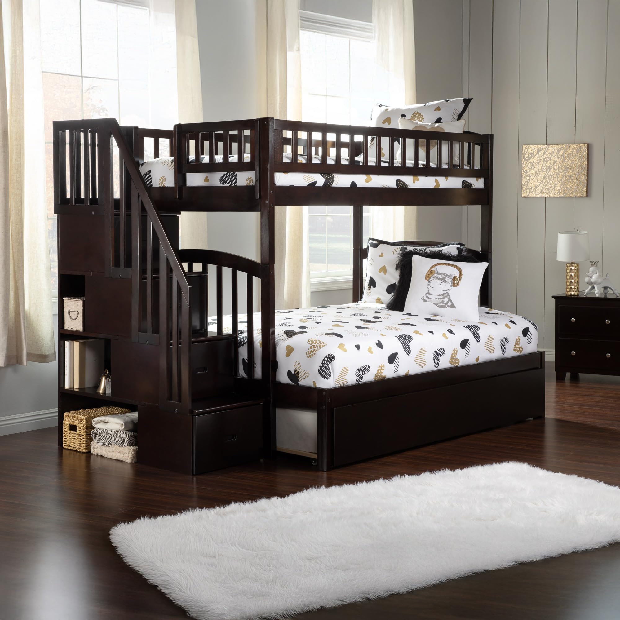 AFI Westbrook Twin Over Full Staircase Bunk Bed with Trundle & USB Charger - Space-Saving Kids Bedroom Furniture for Small Rooms, Guest Rooms & Vacation Homes (Espresso Finish)