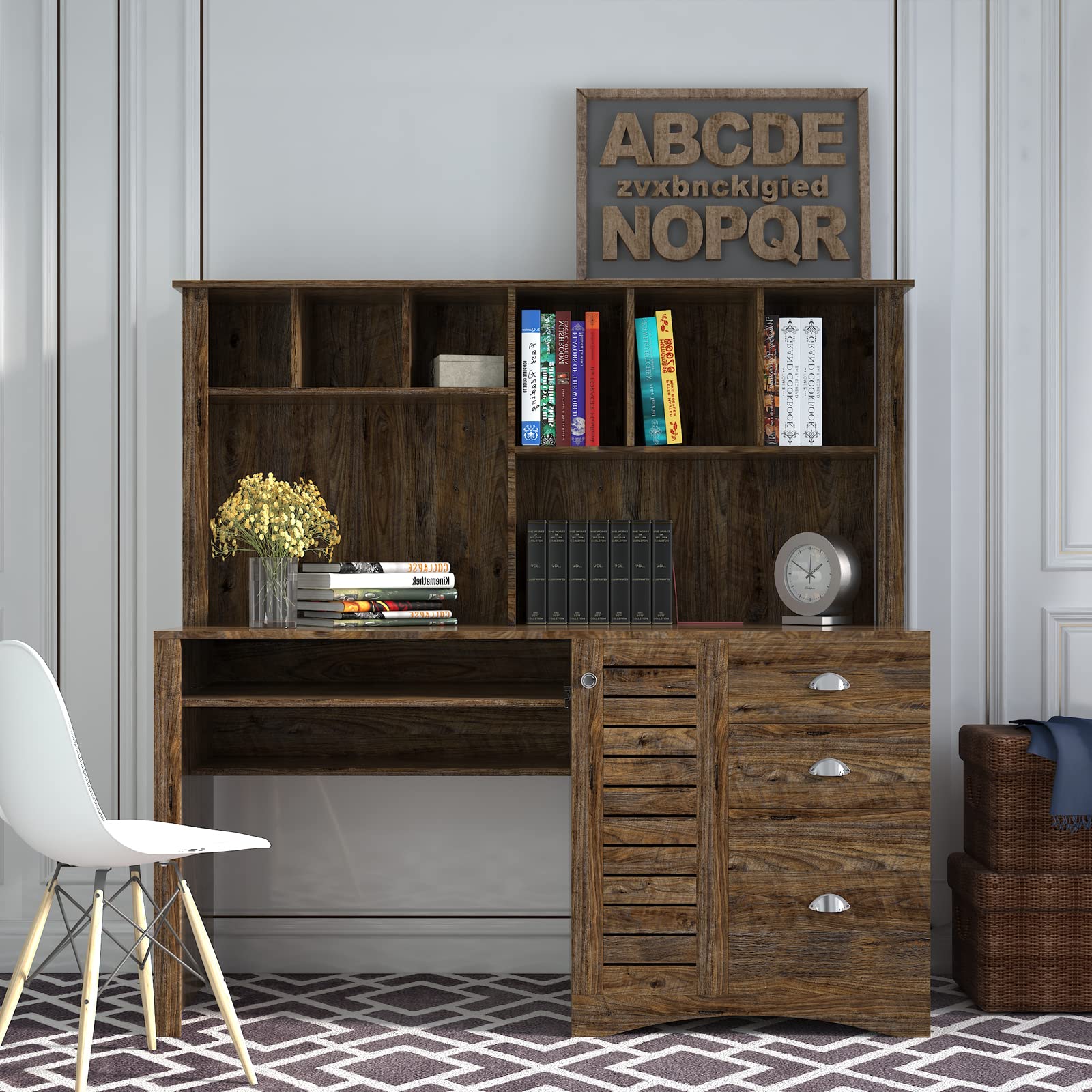 Holaki Compact Computer Desk with Drawers & Bookshelf - Space Saving Wooden Office Desk for Small Spaces, Study Desk for Teens & Students, Home Office Writing Desk with Keyboard Tray & Hutch (Dark Brown) - Perfect for Dorm Rooms, Home Offices & Small Apartments