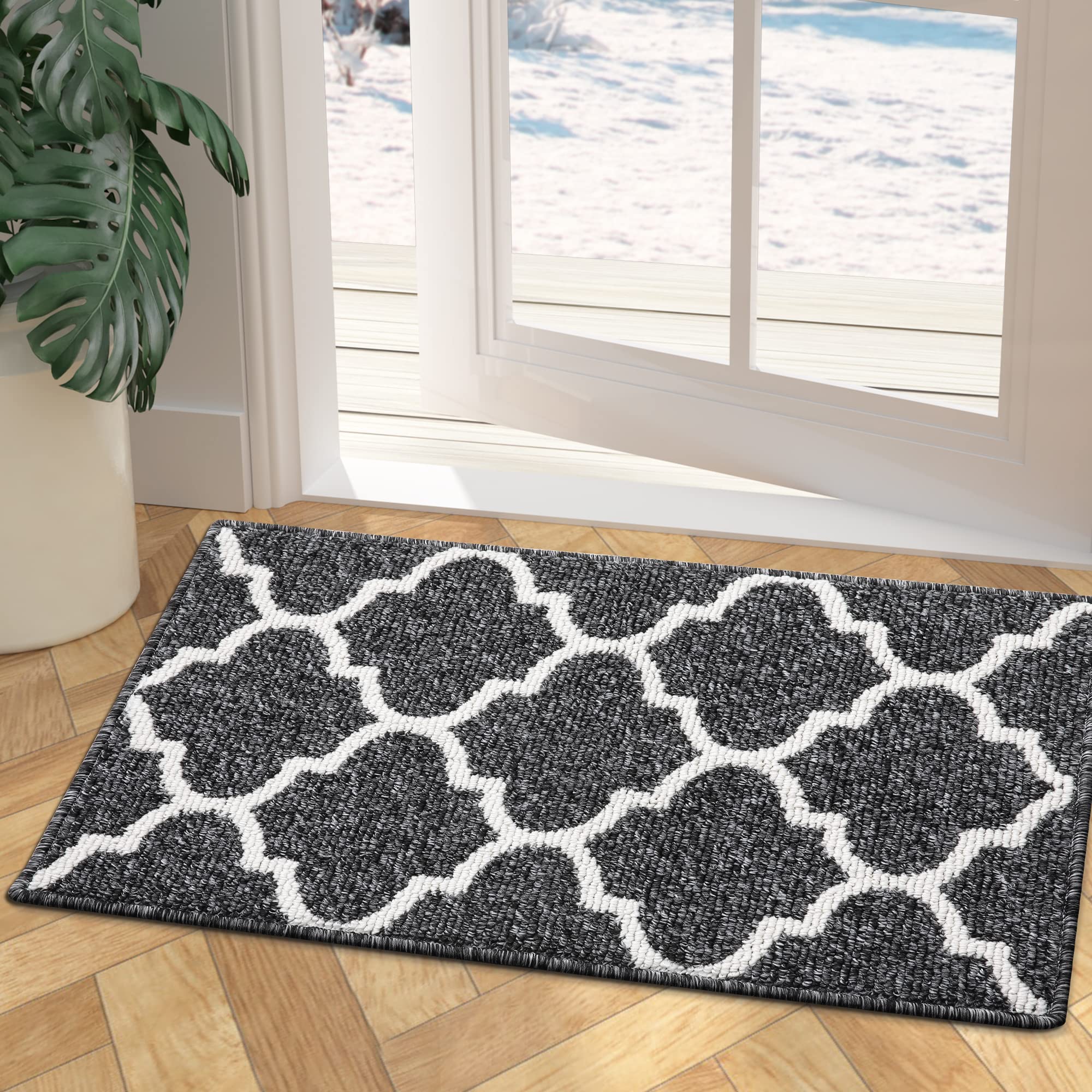 Kitinjoy Durable Indoor Door Mat 24x36 Inch - Non-Slip Absorbent Entryway Rug with Dirt Resistance - Machine Washable Low-Profile Floor Mat for Home, Office & Apartment - Black Trellis Design for Front Door, Kitchen & Mudroom