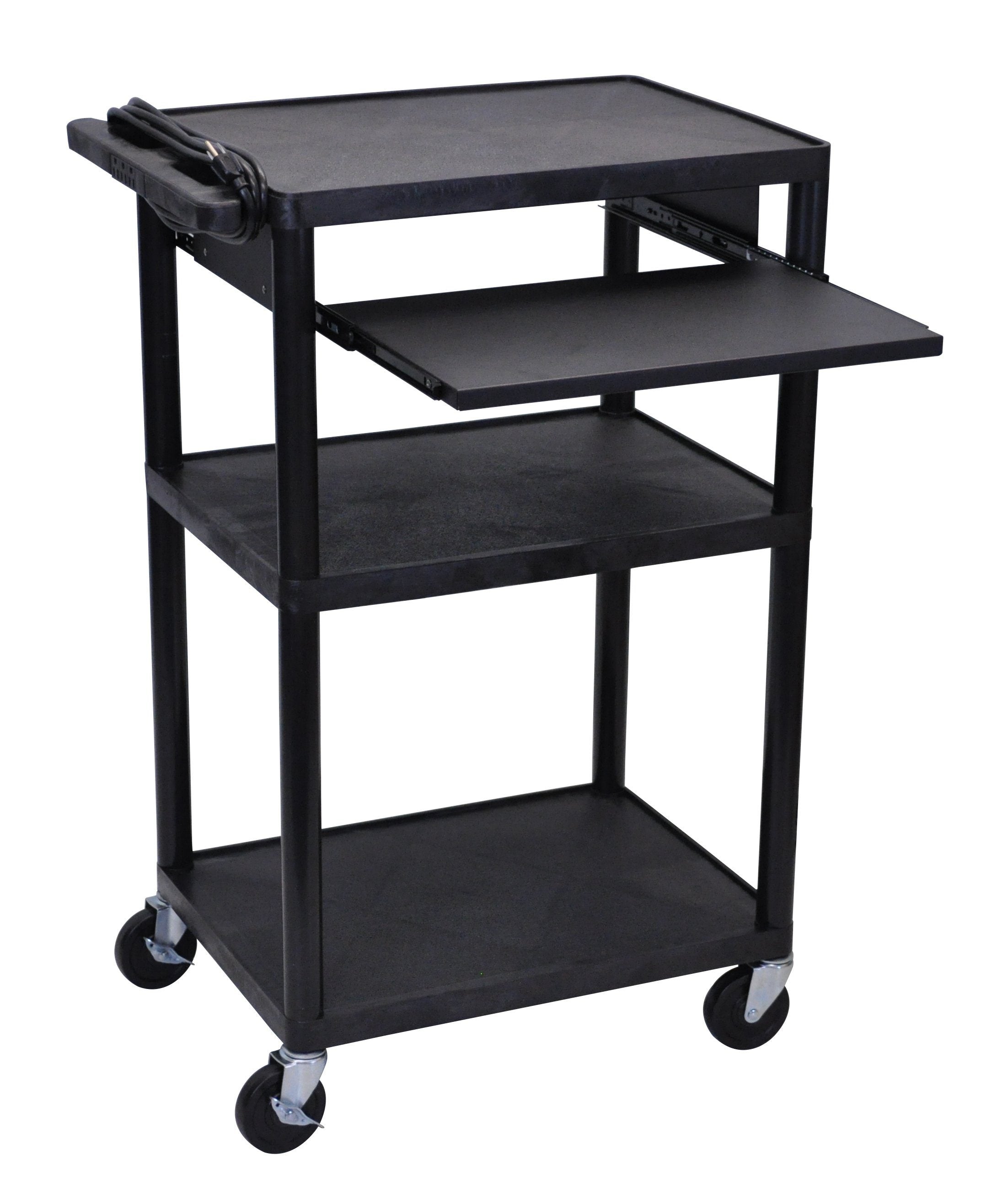 Luxor Black Endura 3-Tier Rolling Cart with Pull-Out Shelf - Mobile Storage Solution for Office, Classroom, or Retail Display