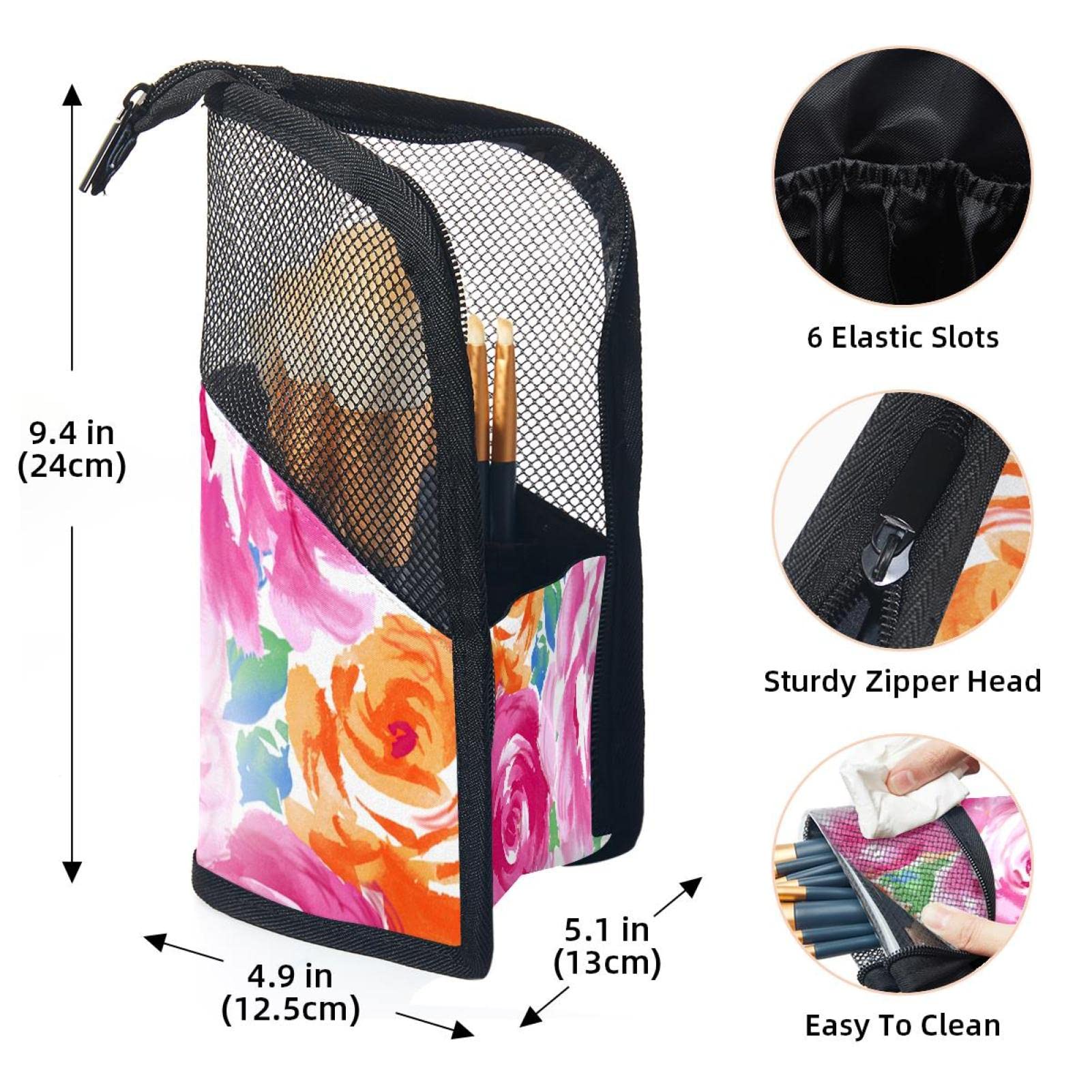 12-Piece Makeup Brush Organizer Bag with Watercolor Pink & Yellow Floral Design - Portable Travel Cosmetic Brush Holder Case for Professional & Home Use