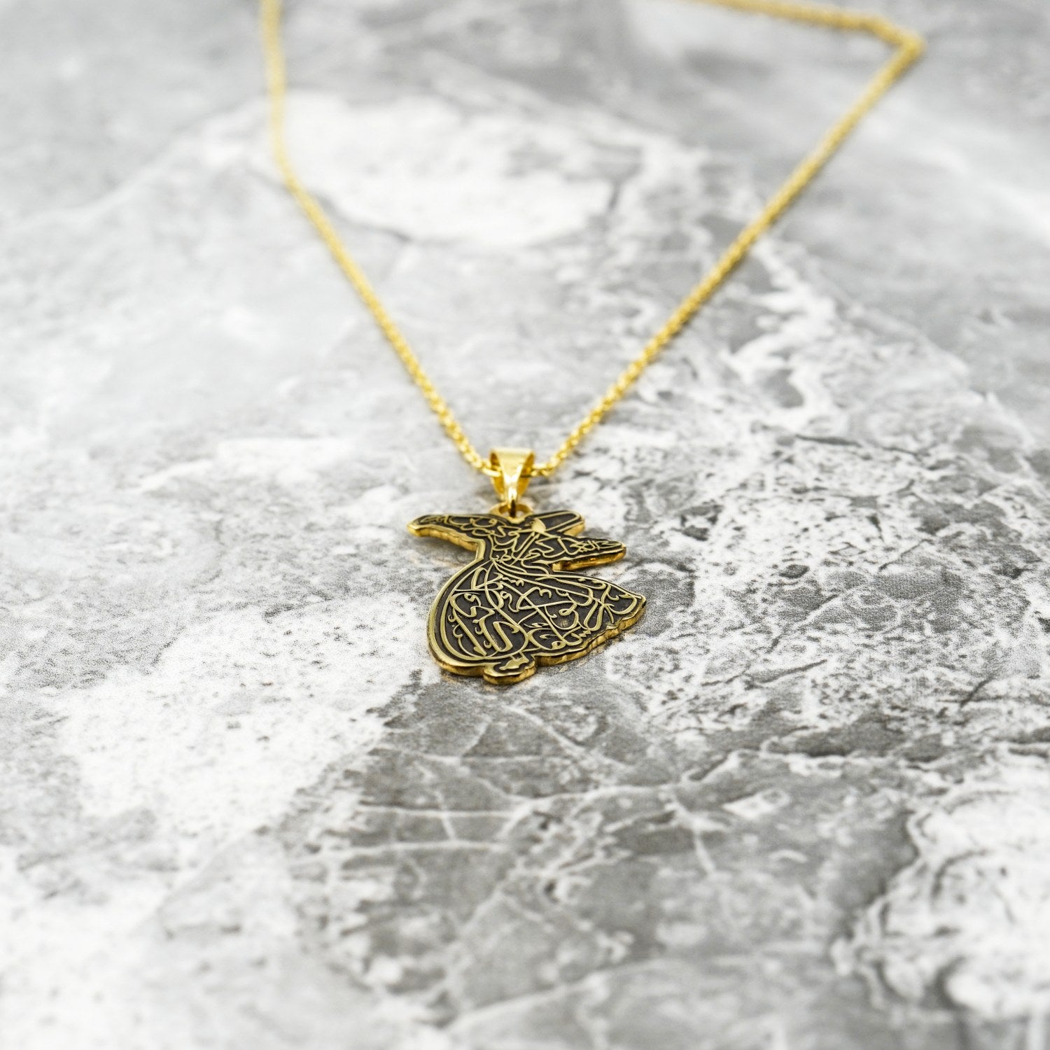 18K Gold Plated Silver Whirling Darwish Islamic Pendant Necklace - Spiritual Muslim Jewelry for Prayer & Special Occasions