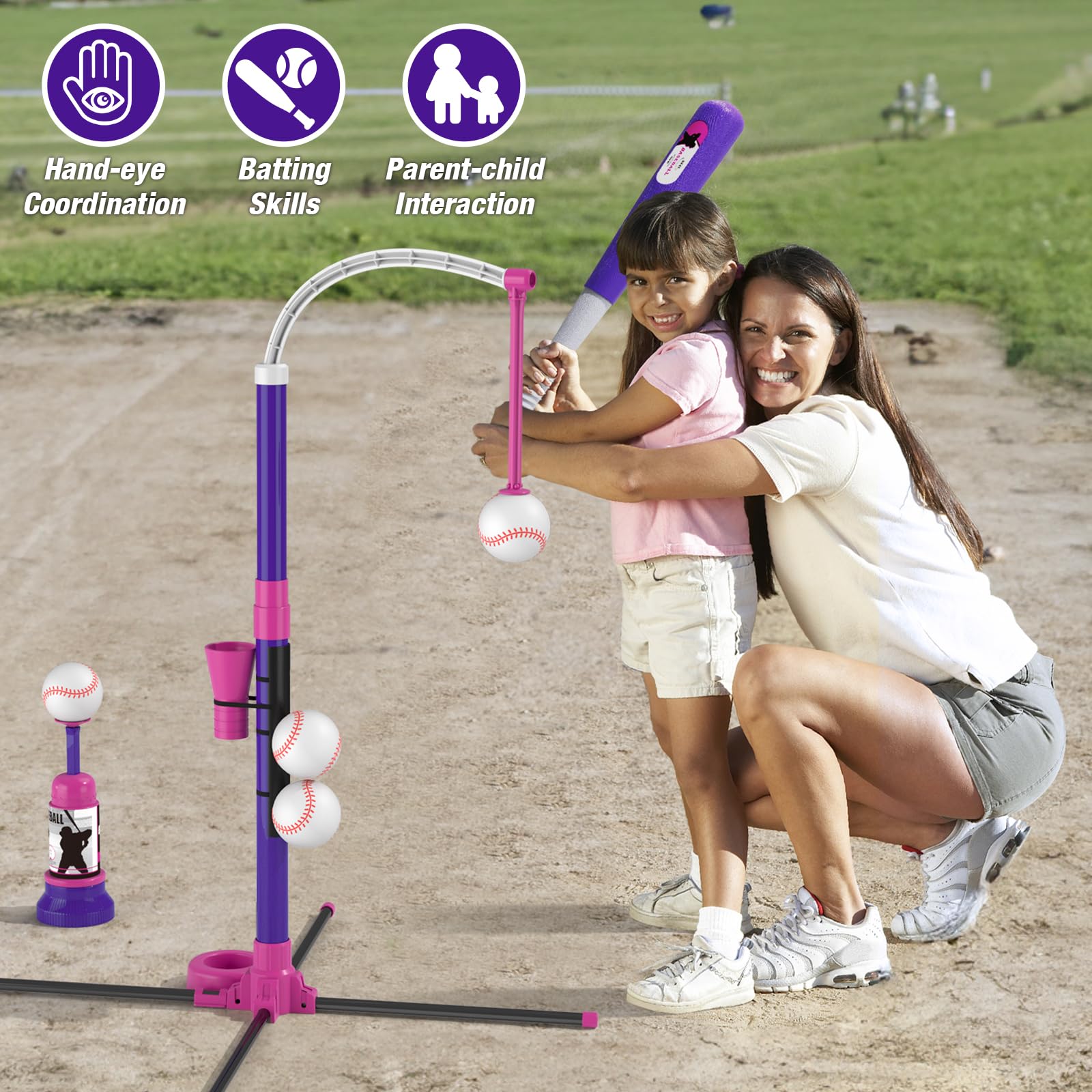 HYES 3-in-1 Adjustable Height Baseball Set for Kids Ages 3-5 - Includes Baseball, Ball Holder, Pitcher & 6 Softballs - Perfect for Backyard Practice, T-Ball Training & Outdoor Sports Activities (Purple)