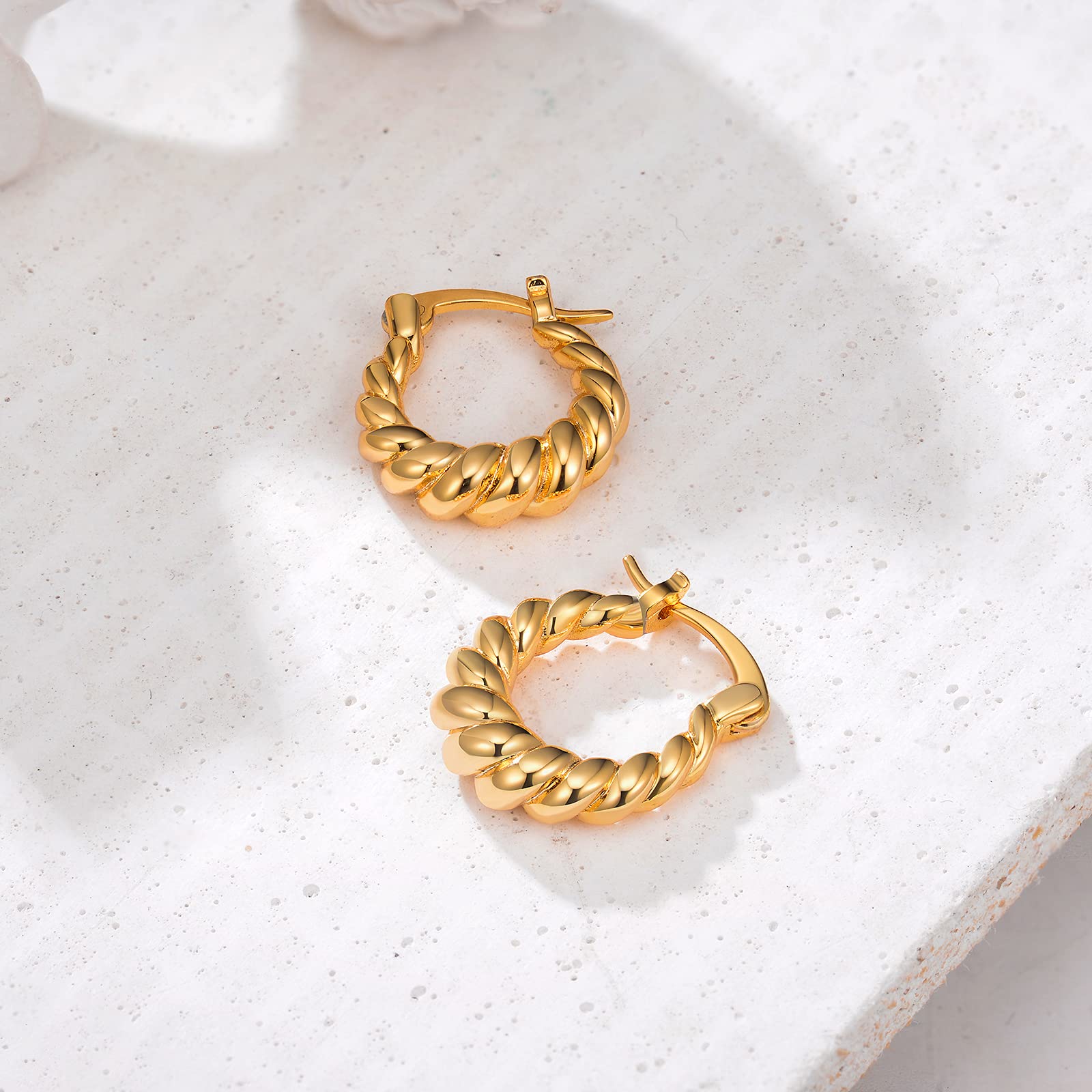 14K Gold Plated Croissant Earrings for Women - Chunky Hoop Earrings with CZ Stones, 925 Sterling Silver Post Huggie Earrings - Perfect Mother's Day Gift, Birthday Present & Everyday Fashion Jewelry