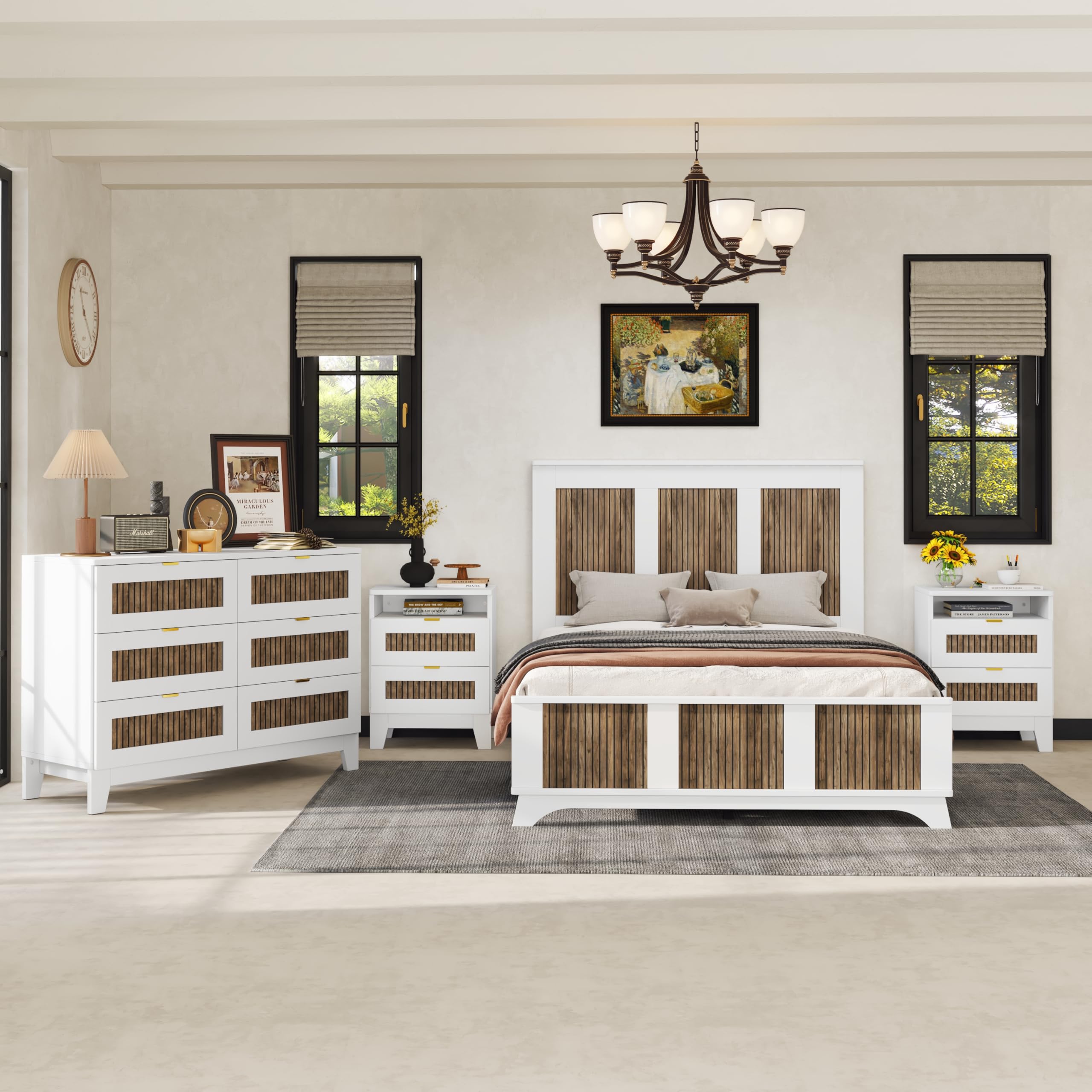 LZ LEISURE ZONE 4-Piece Full Size Farmhouse Bedroom Set - White Wooden Platform Bed with Storage Nightstands & Dresser (Metal Handles) | Rustic Home Decor for Master Bedroom, Guest Room & Apartment