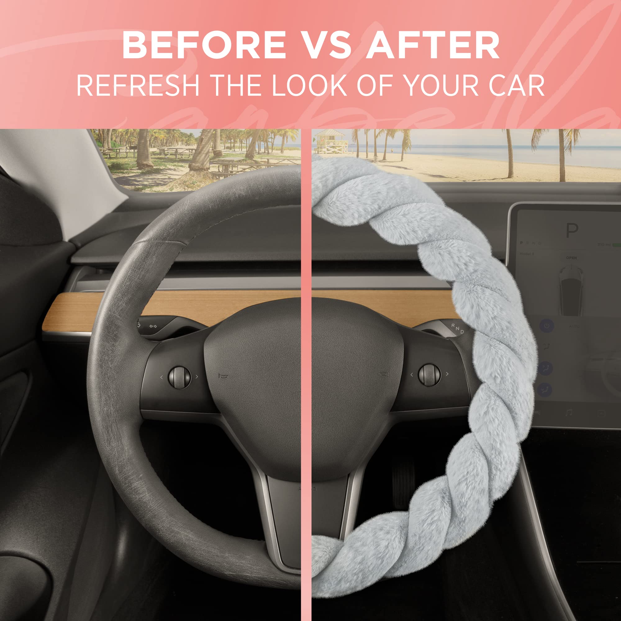 Soft Faux Fur Steering Wheel Cover - 15 Inch, Gray, for Women - Cozy Driving in Winter