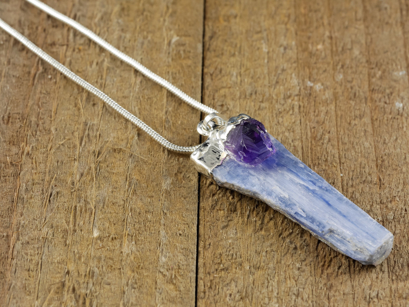 KYANITE & AMETHYST Raw Crystal Pendant Necklace - Sterling Silver Handmade Healing Jewelry with Natural Stones for Chakra Balancing & Spiritual Healing | Perfect for Meditation, Yoga & Energy Work