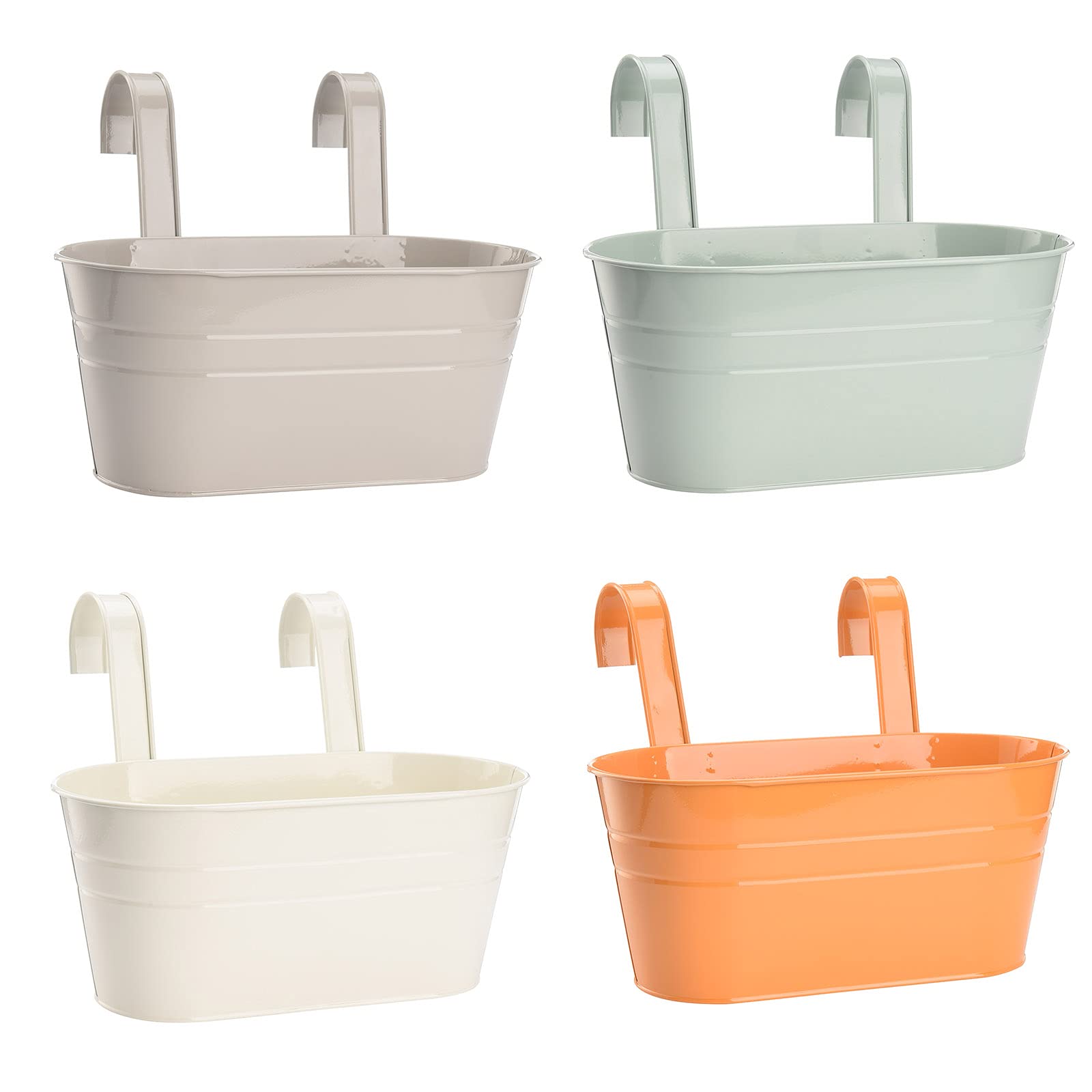4 Pack Metal Iron Hanging Flower Pots - Oval Railing Fence Planter with Hooks for Balcony Garden, Wall Mounted Plant Buckets for Outdoor Home Decor | Perfect for Fences, Patios & Small Space Gardening