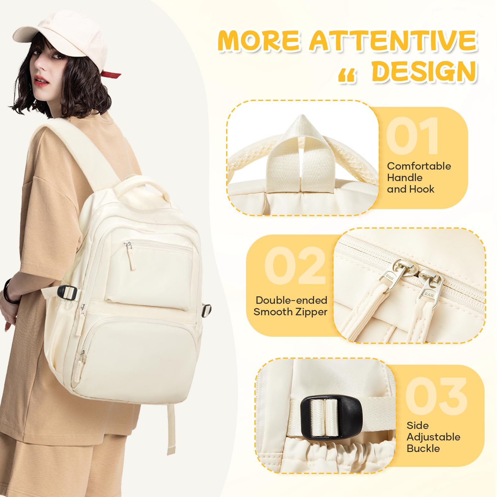 Coofay 17 Inch Travel Laptop Backpack for College Students - Waterproof School Backpack for Women & Men, Lightweight Gym Bookbag with USB Charging Port - Perfect for High School, Work, Commuting & Travel, Beige