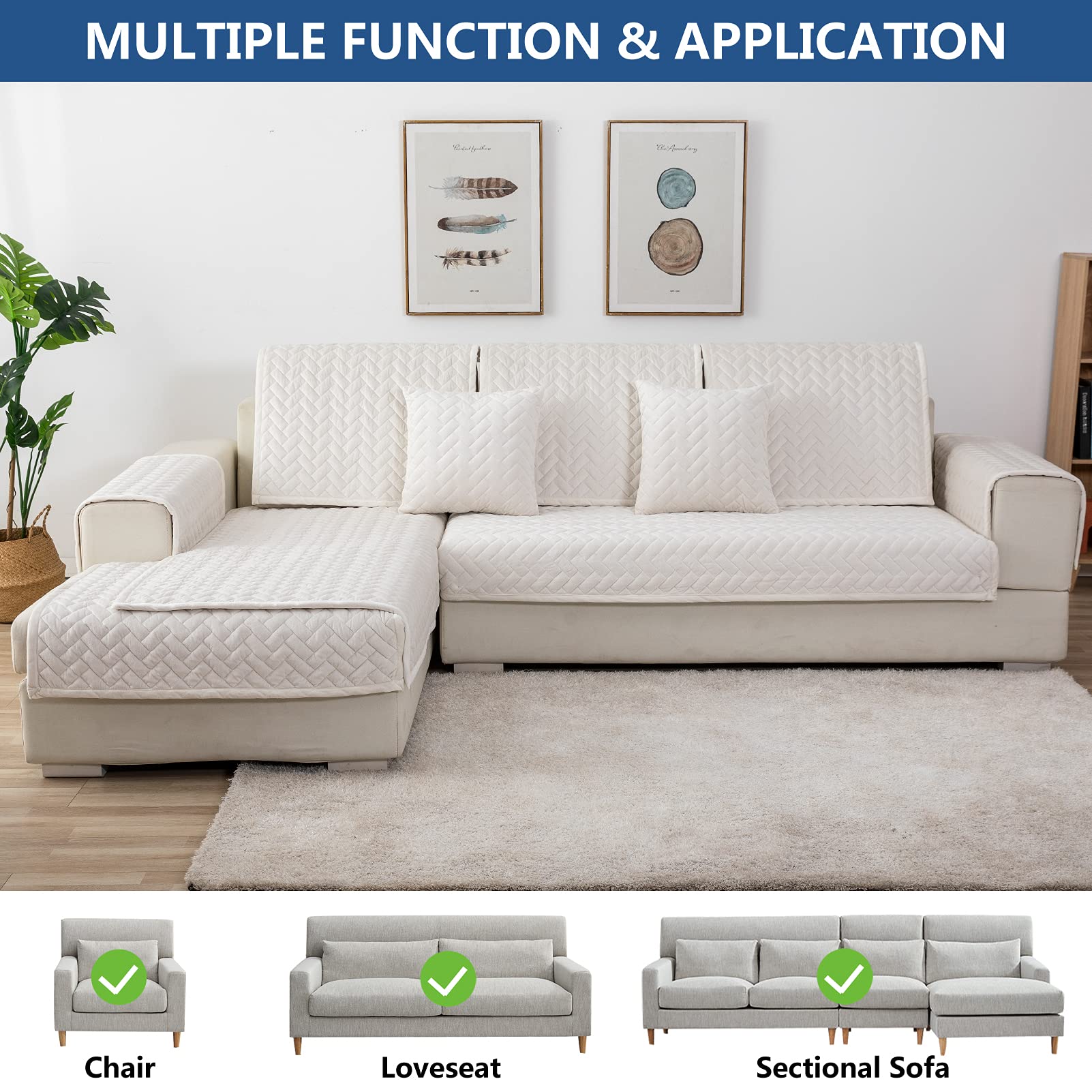 Eismodra 3 Cushion Couch Cover - Anti-Slip Sectional Sofa Slipcover for Pets & Kids - Fits L-Shaped Loveseat Recliner with Armrest & Backrest - White 43