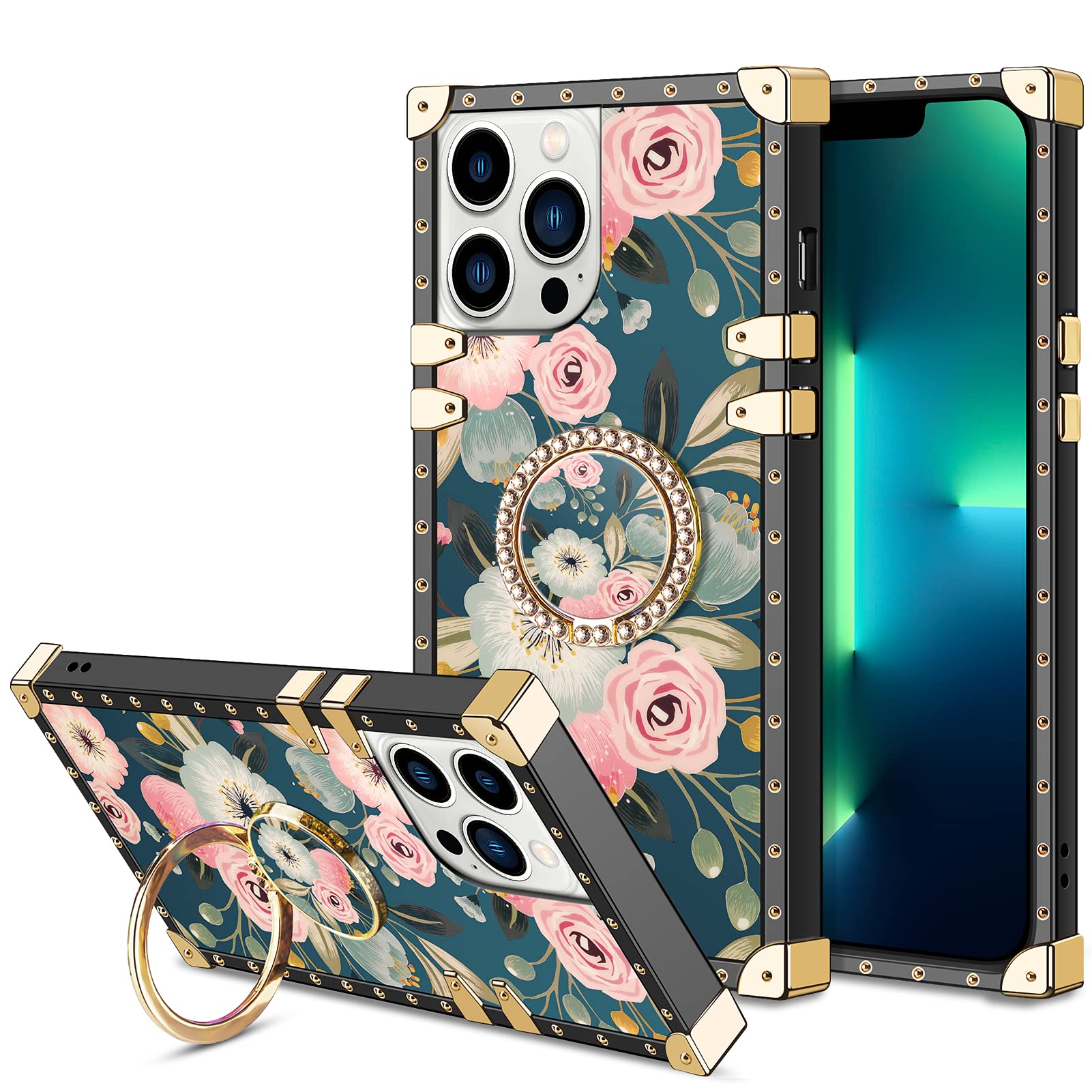 HoneyAKE iPhone 13 Pro Max Case with Kickstand - Shockproof Heavy Duty Metal Reinforced Square Phone Cover - Soft TPU Protective Case for Women & Girls - 6.7 Inch Flower Design - Perfect for Work, Travel & Daily Use