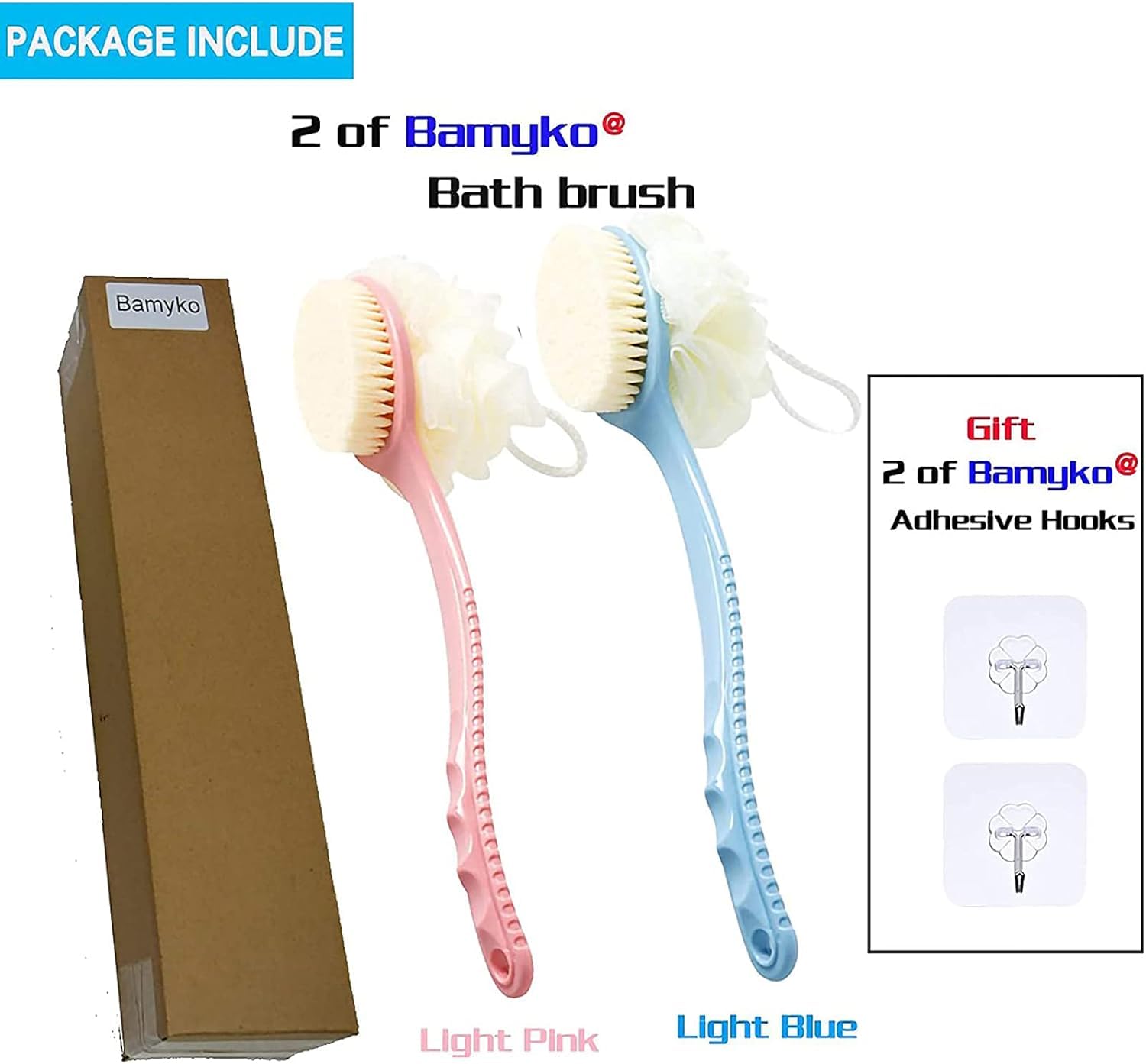 Bamyko 2-Pack Shower Body Brush with Bristles & Loofah - Exfoliating Back Scrubber & Bath Mesh Sponge - Anti-Slip Curved Handle for Wet/Dry Skin Care - Includes 2 Hooks (Perfect for Deep Cleansing & Relaxing Spa Experience)