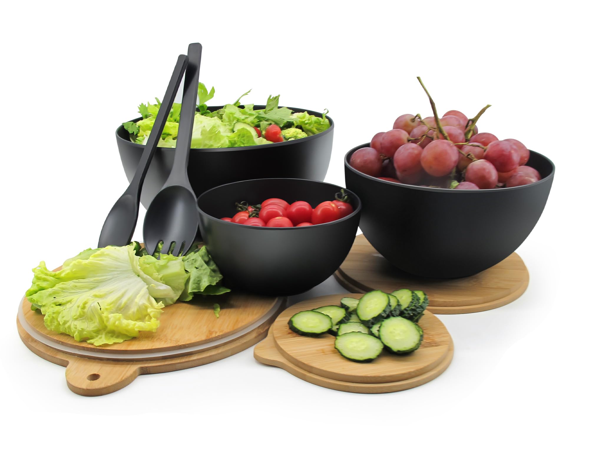 3-Piece Bamboo Fiber Salad Bowl Set with Seal Lid & Serving Utensils - Large Mixing Bowls for Kitchen, Pasta, Popcorn, Fruit - Perfect for Meal Prep, Entertaining & Food Storage (Black)