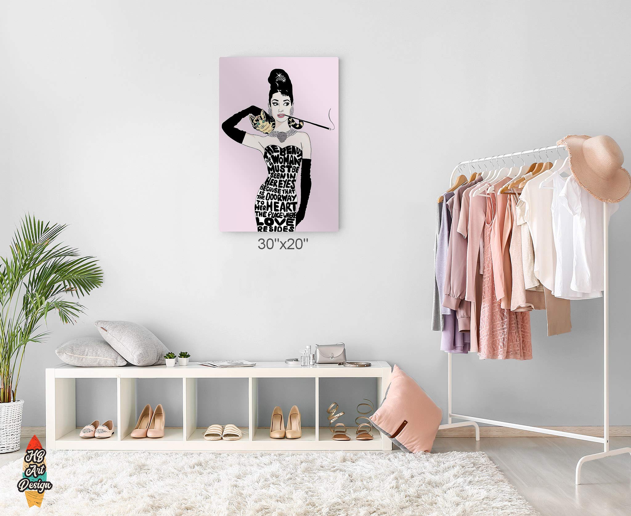 HB Art Design Audrey Hepburn Wall Art with Cat - Breakfast at Tiffany's Movie Inspired Digital Print on Metal - Pink Background Home Decor (24x16 Inches) - Perfect for Bedroom, Living Room & Office Wall Decor