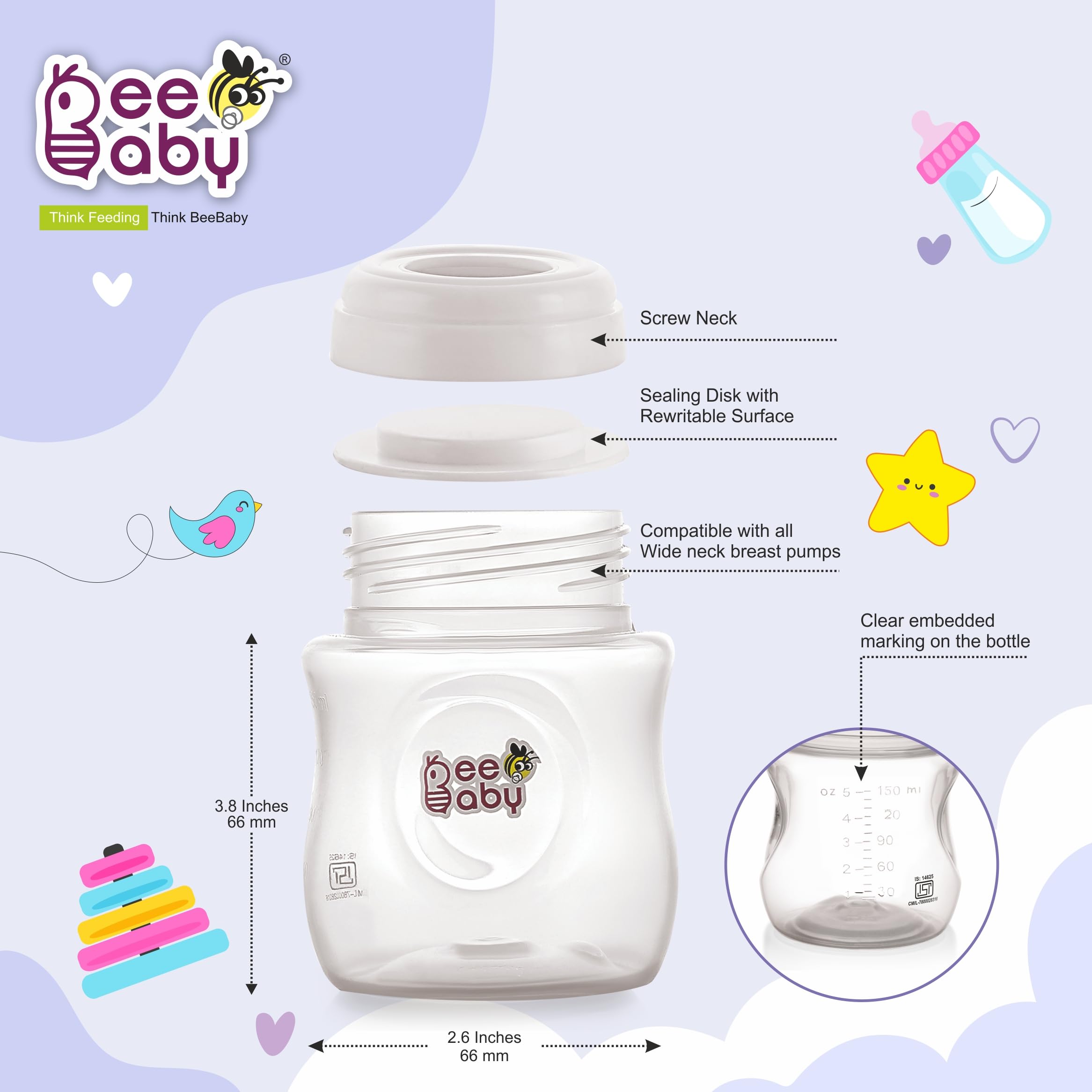BeeBaby Pump N' Protect Breast Milk Storage Bottles - 3 Pack, BPA Free, 150ml/5oz, Fits Most Wide Neck Breast Pumps - Perfect for Pumping, Storing & Feeding On-the-Go