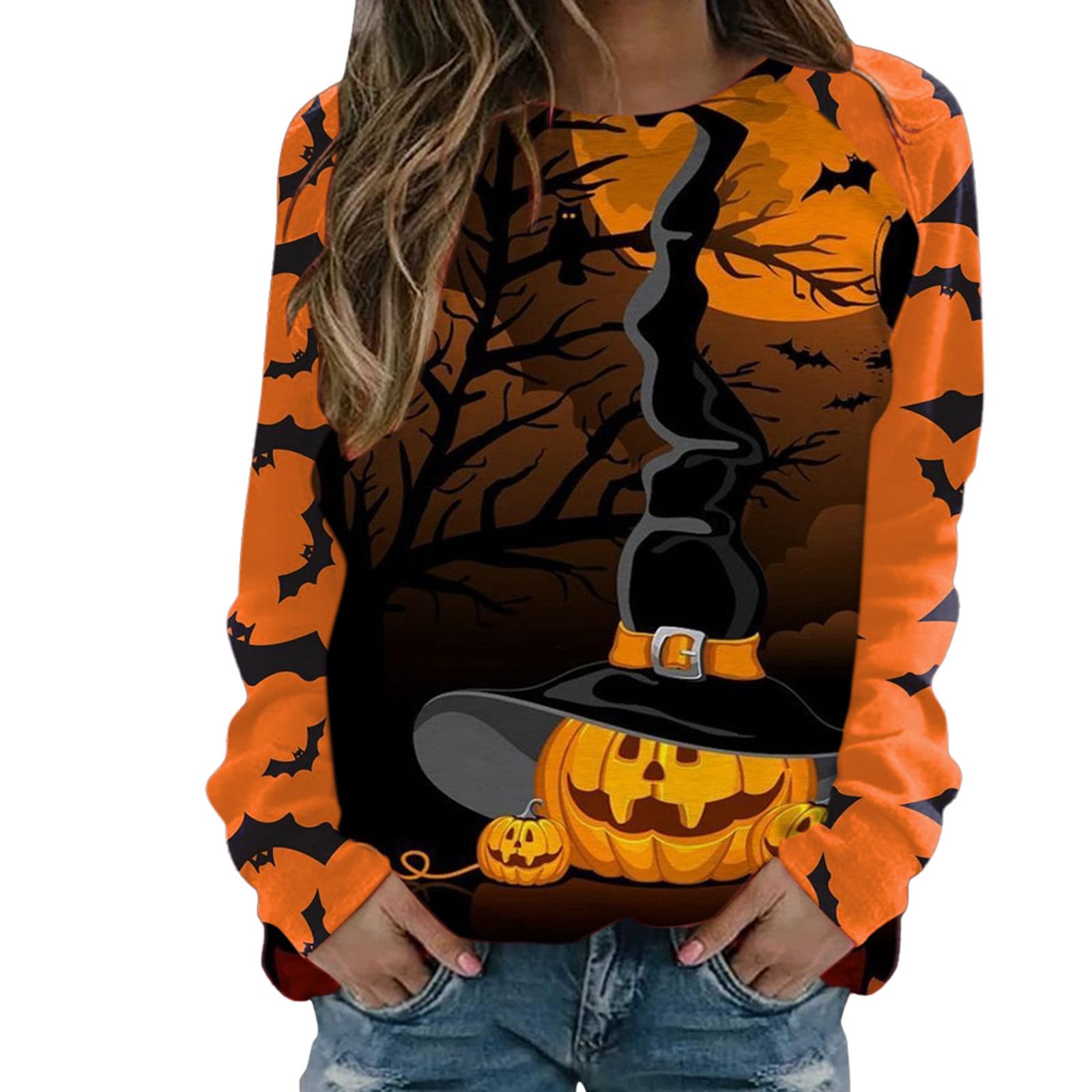 Stylish Halloween T-Shirts for Women - Long Sleeve Casual Crewneck Sweatshirt Tops for Fall & Winter | Perfect for Costume Parties, Pumpkin Picking & Spooky Season Outfits