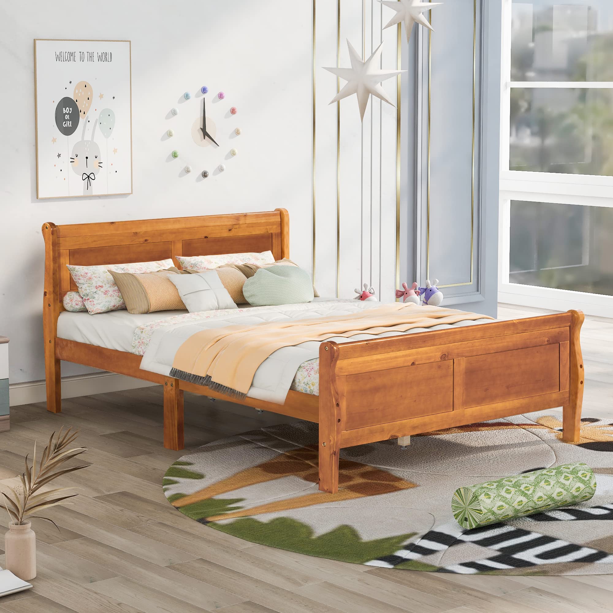Harper & Bright Designs Full Size Wooden Bed Frame with Headboard and Footboard - Sturdy Platform Bed for Kids, No Box Spring Needed - Solid Oak Construction - Perfect for Boys and Girls Bedrooms, Dorm Rooms, and Guest Rooms