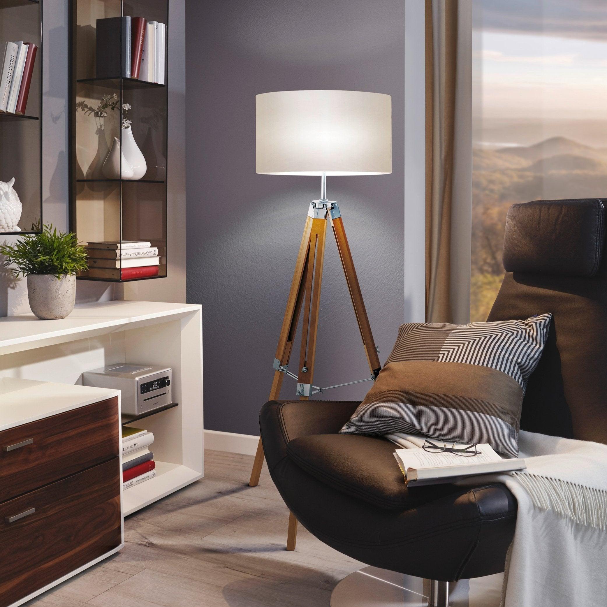 Eglo Lantada Adjustable Wooden Tripod Floor Lamp with Beige Fabric Shade - Modern Reading Light for Living Room, Bedroom & Office