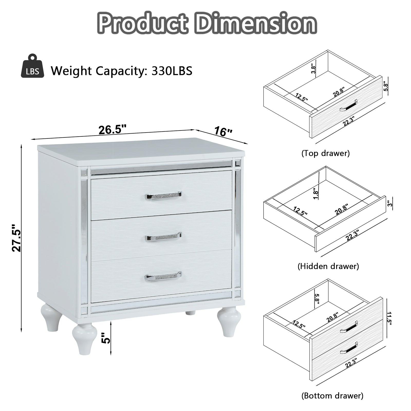Modern White Nightstand with Mirror Frame & Crystal Pulls - 2 Drawers + Hidden Storage, Bedside Table for Bedroom, Living Room - Perfect for Small Spaces & Apartment Decor