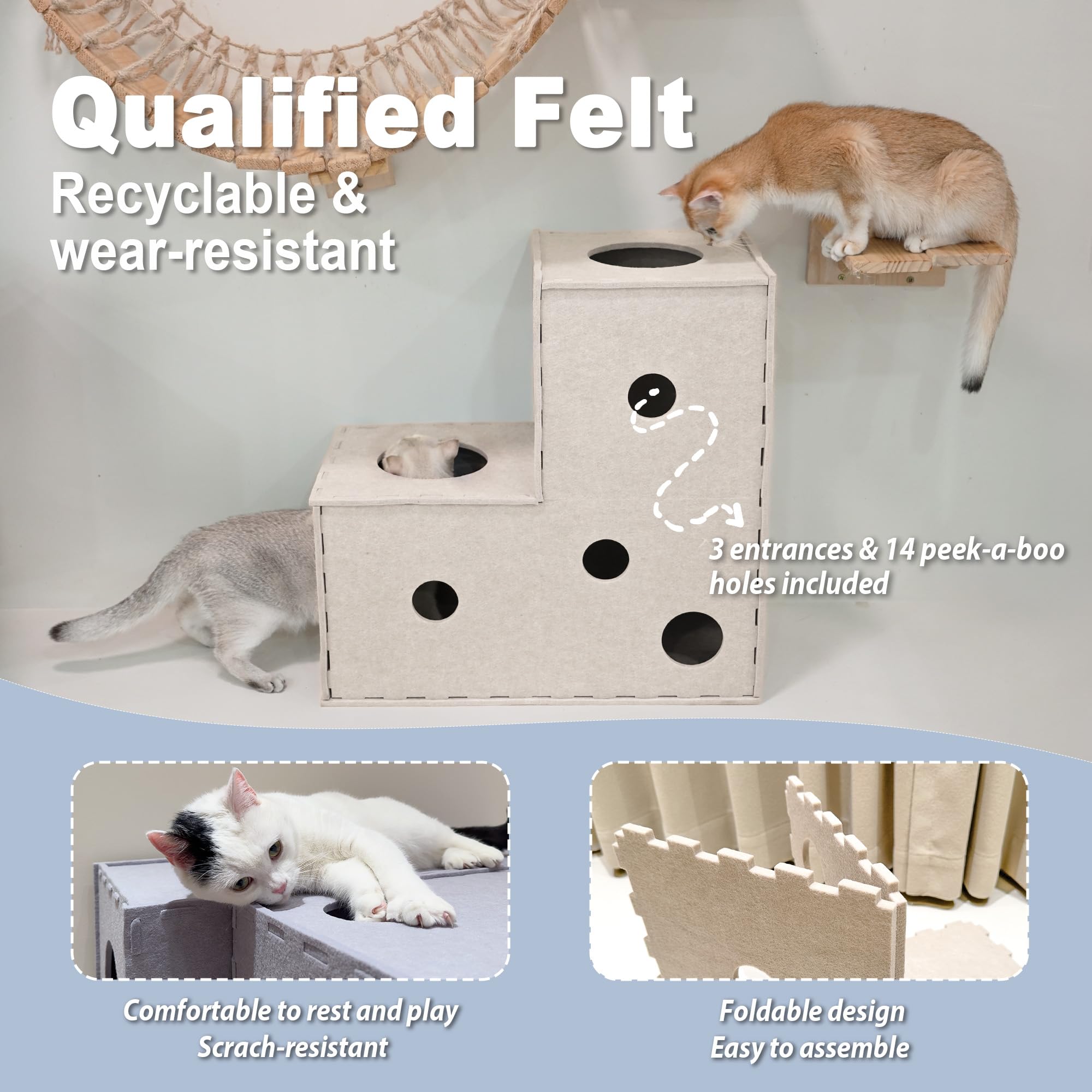Meeyoview Cat Tunnel - Soft Felt Indoor Cat Play Tunnel with Peekaboo Hideaway Cave, L-Shaped Cat Bed & Interactive Cube Toy for Small, Medium & Large Cats - Perfect for Playtime, Exercise & Stress Relief