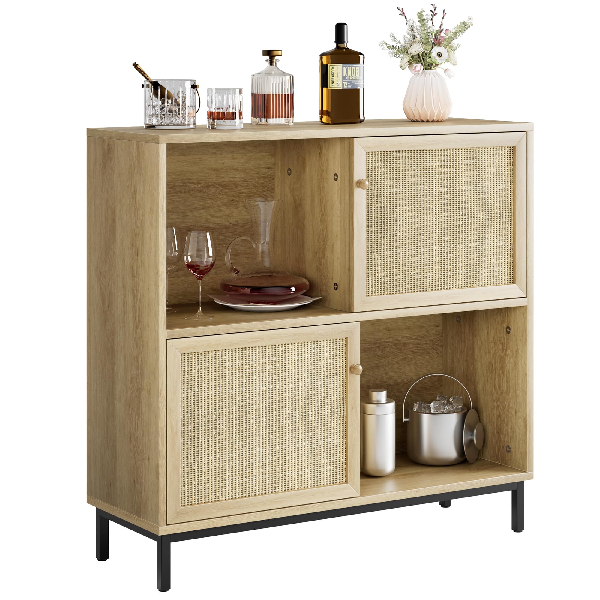 GAOMON Coffee Bar Cabinet - Rattan Sideboard Buffet with Sliding Doors, Wood Wine Liquor Storage Cabinet with 4 Display Cubes - Perfect for Living Room, Kitchen & Dining Room - Ideal for Home Entertaining & Stylish Storage Solutions