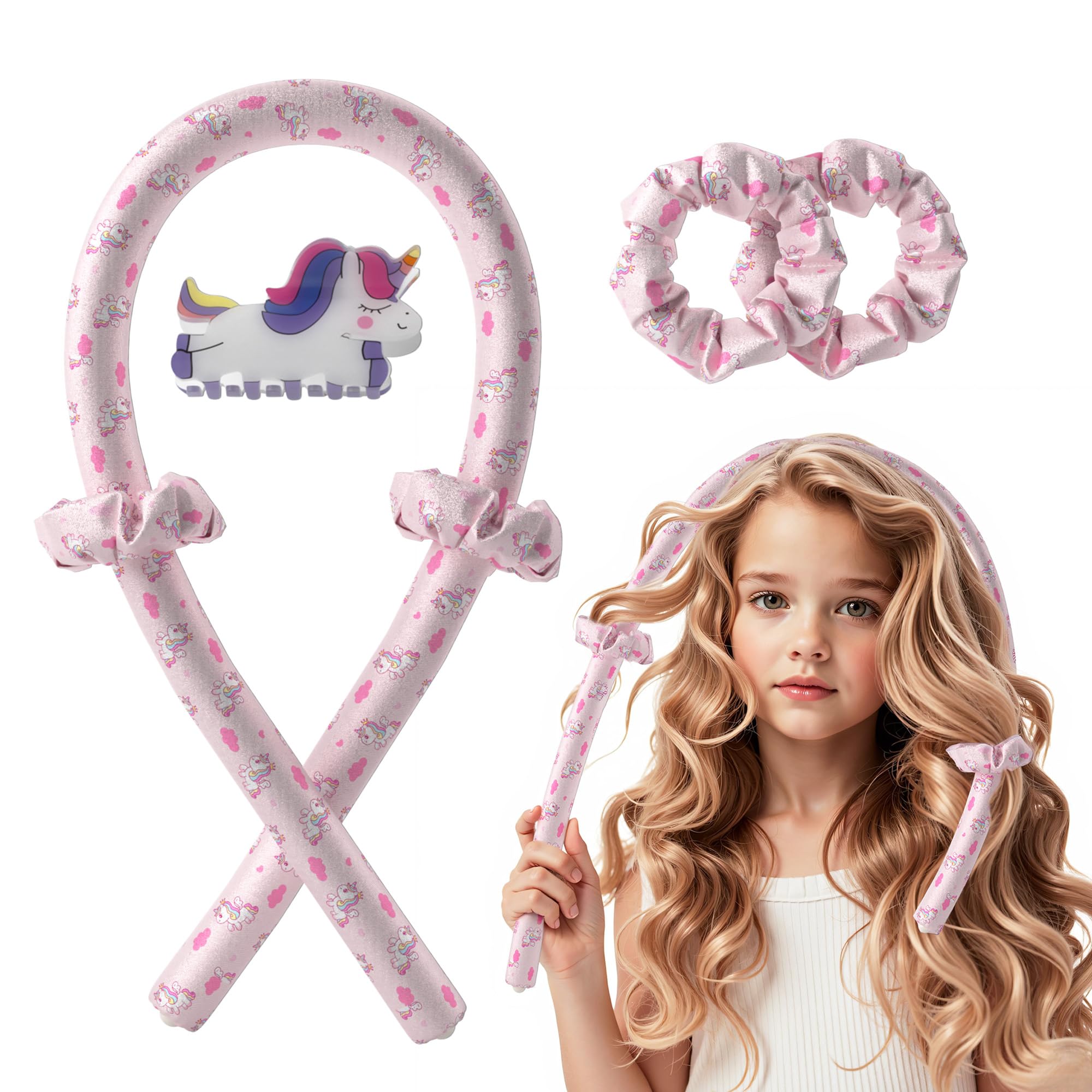 Heatless Curling Headband for Girls - Unicorn Hair Rollers with Clips, No Heat Hair Curlers for Kids & Teens (Ages 6-13) - Perfect for Overnight Curls, Birthday Gifts & Valentine's Day Presents - Great for Sleepovers, Parties & Special Occasions