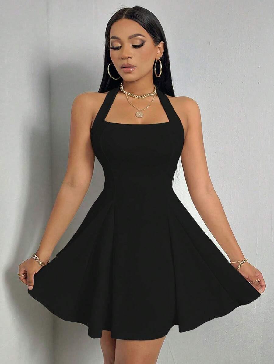 Narecte Women's Summer Halter Neck Backless A-Line Mini Dress - Sexy Casual Cute Dress for Beach, Party & Date Night