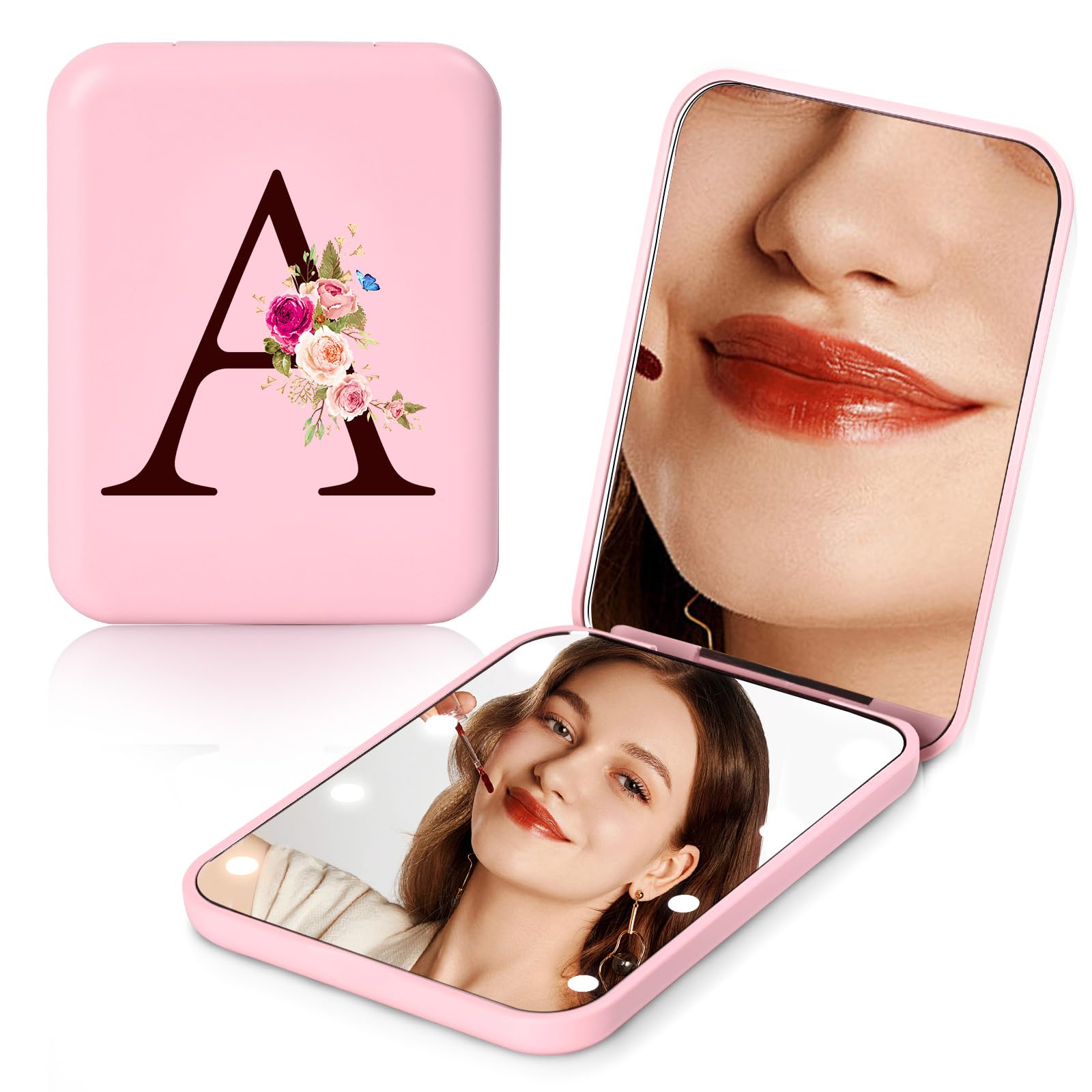 LED Travel Mirror with Lights - Personalized Initials, Portable Compact Makeup Mirror for Women & Teen Girls - Perfect for Travel, Birthday Gifts & School Essentials | Dorm Room, Makeup Vanity & On-the-Go Use