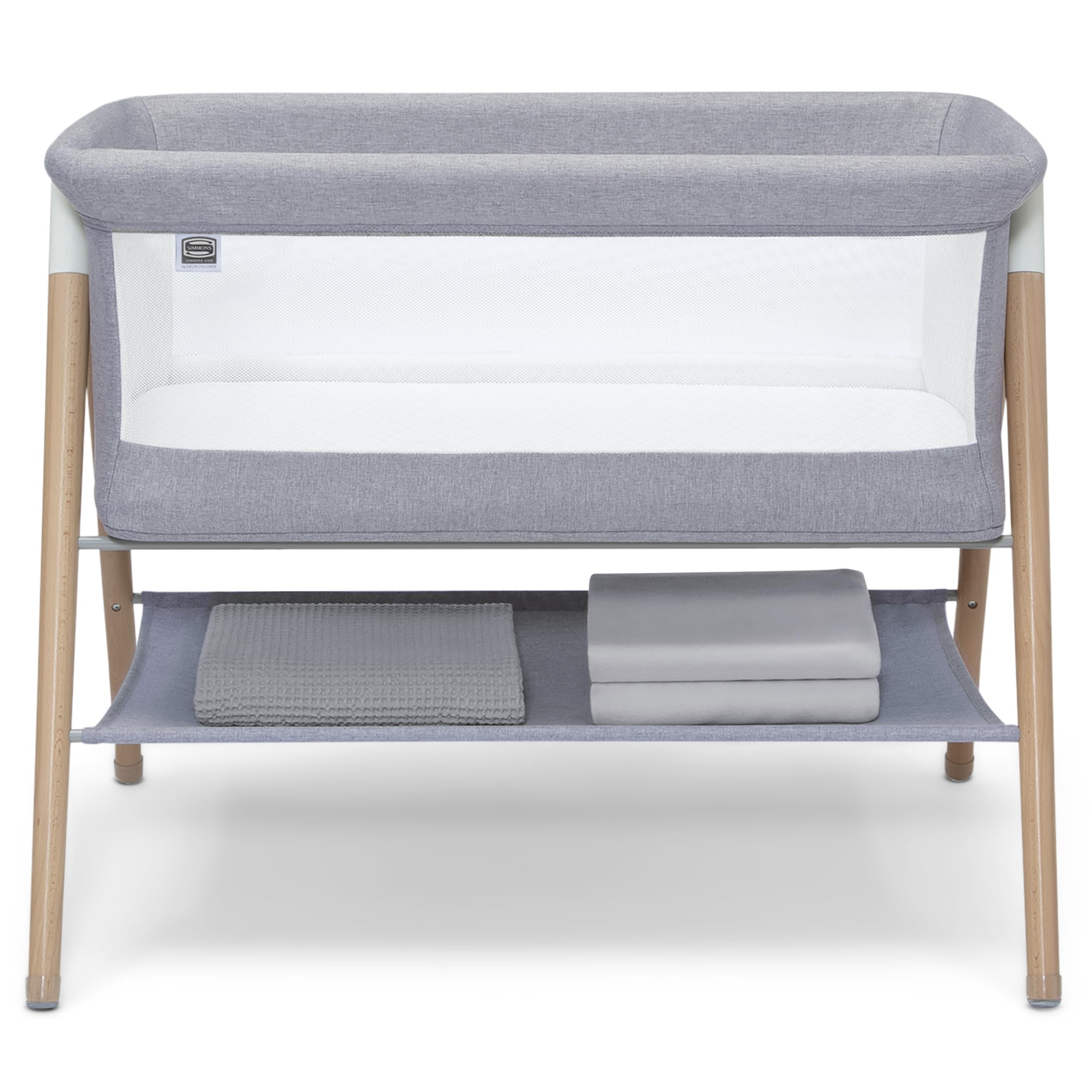 Simmons Kids Koi by The Bed Bassinet - Breathable Mesh Sides & Natural Beechwood Legs - Dove Grey - Safe Baby Sleeper for Bedside Co-Sleeping & Nursery