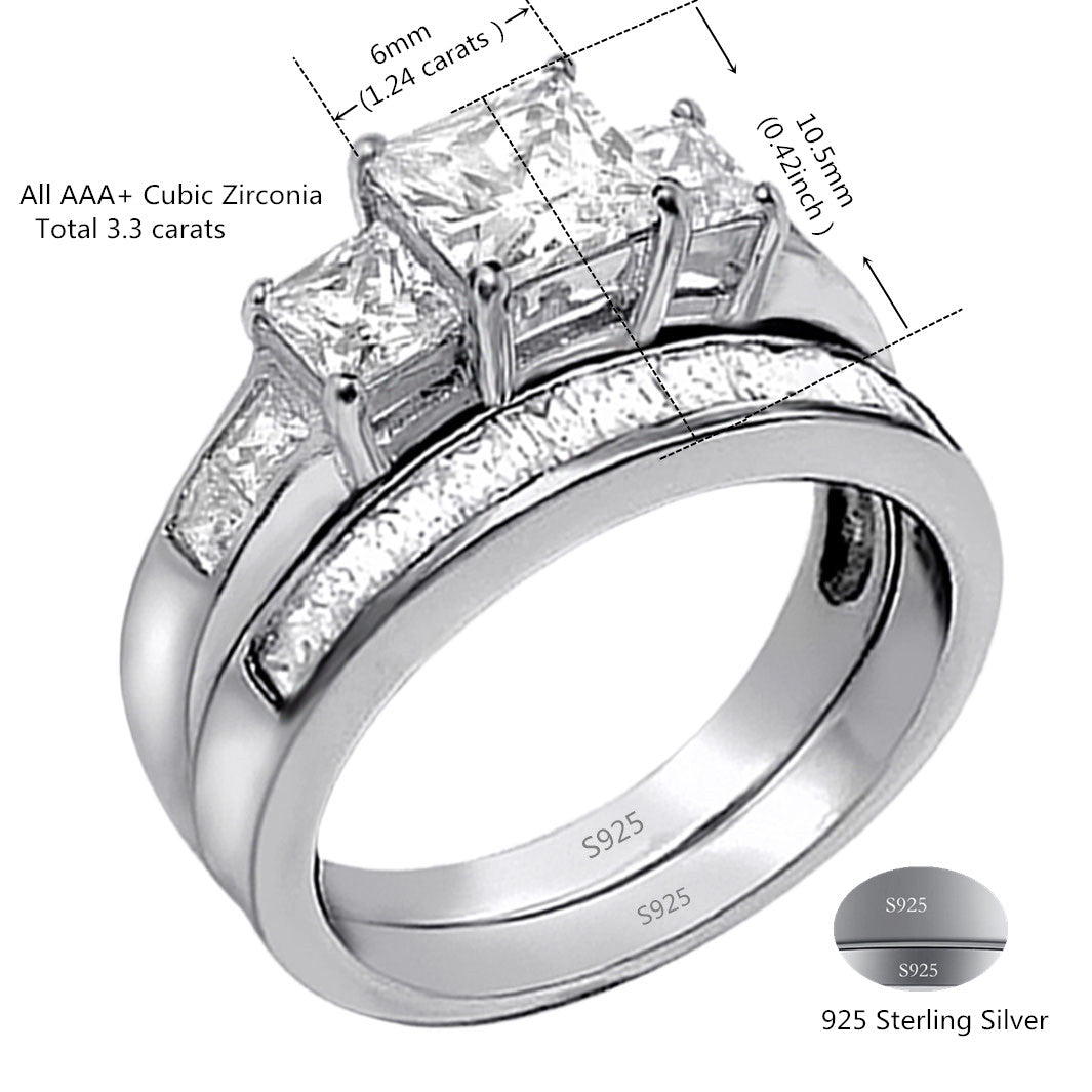 MABELLA Matching Couple Rings for Men & Women - Stainless Steel & Sterling Silver Three Stone Princess Cut Wedding Bands - Perfect for Anniversaries, Engagements, and Romantic Gifts