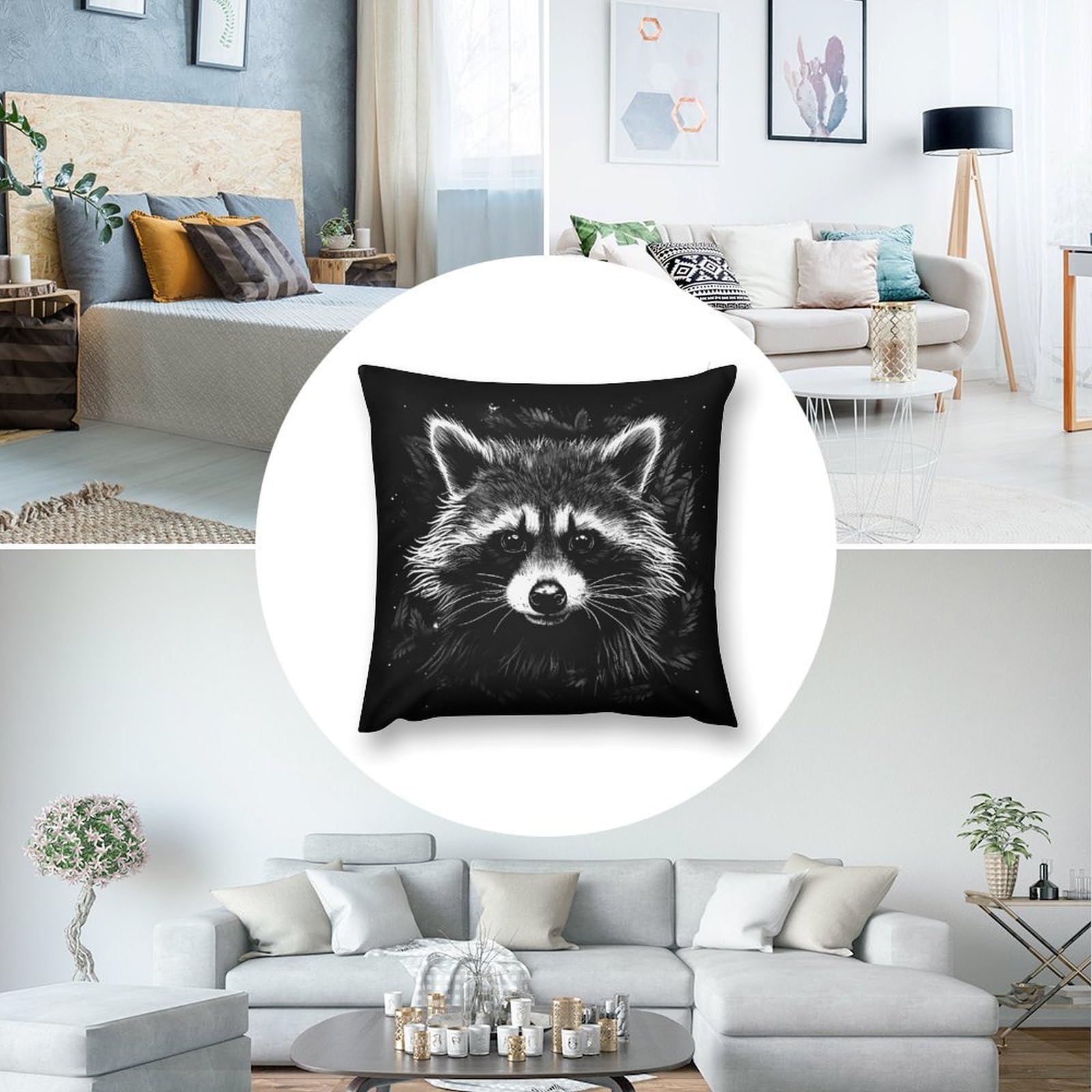 Soft Black Plush Raccoon Portrait Pillow Covers - Set of 4 (12x12 Inches) for Sofa, Bed & Home Decor | Cozy Cushion Cases for Living Room, Nursery & Gifts