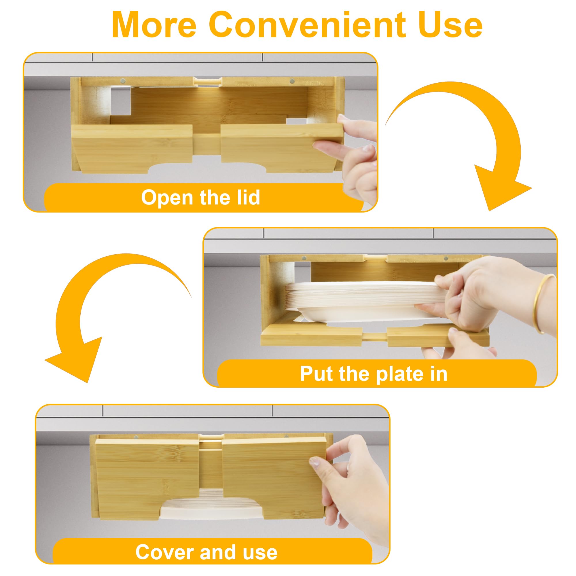 MinBoo 8-10 Inch Adjustable Paper Plate Dispenser - Upgraded Bamboo Under Cabinet Plate Holder for Kitchen Organization | Perfect for Round Plates, Dinner Parties, Picnics & Camping