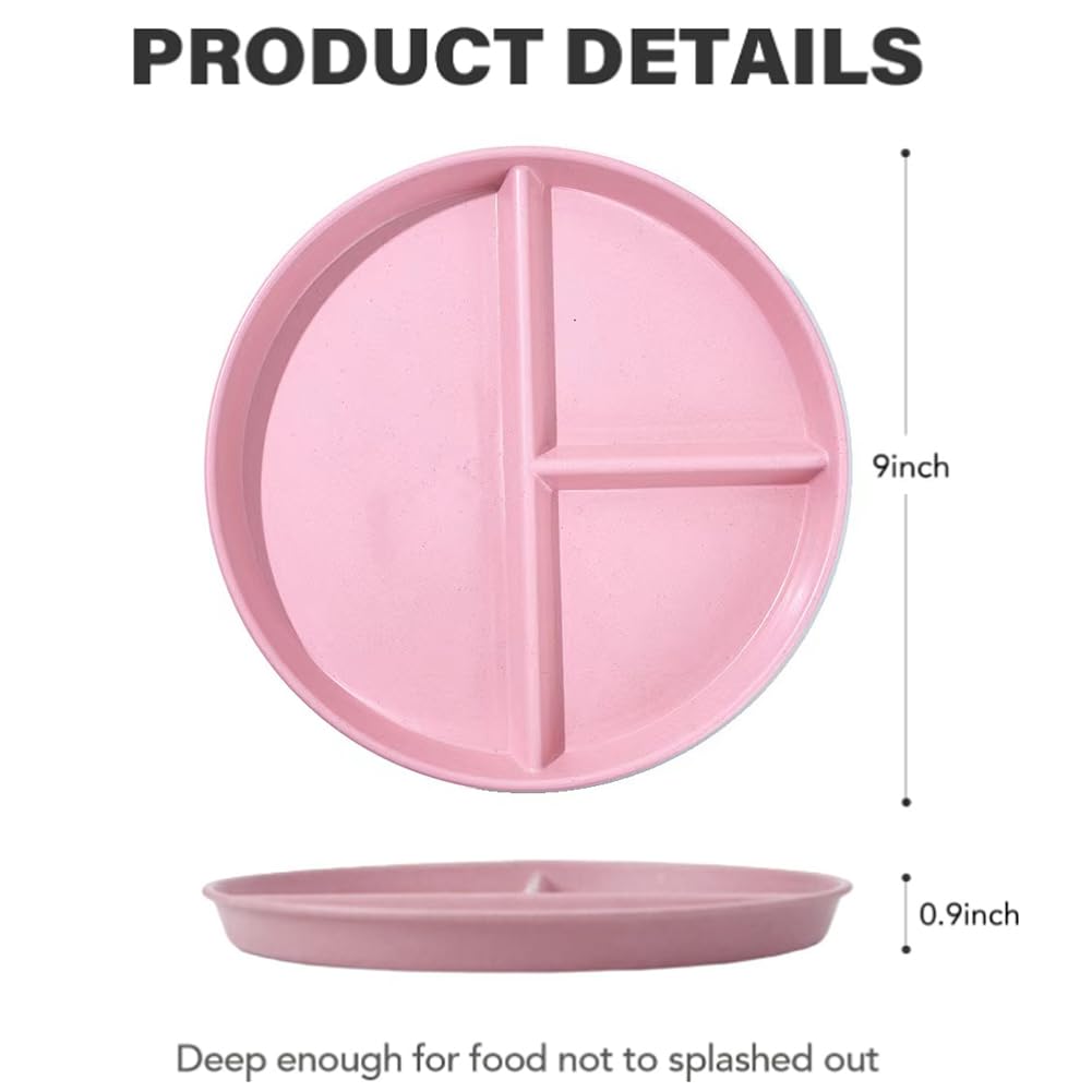 RUIBOLU 5-Pack Unbreakable Divided Plates for Kids & Adults - 9 Inch Reusable Plastic Dinnerware with Portion Control Compartments | Perfect for School Lunches, Picnics, and Portion Control Meals