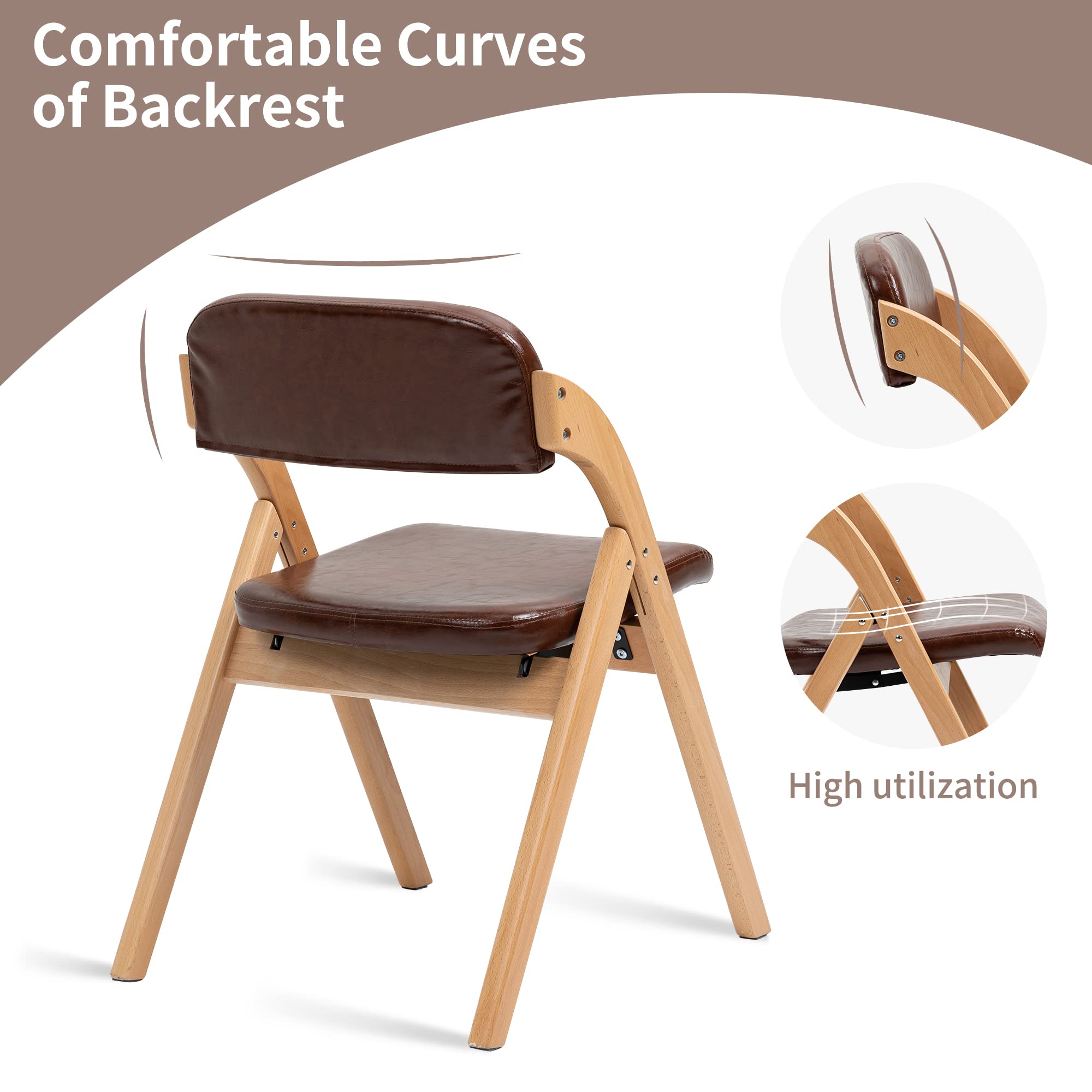 HOMEFUN PU Folding Chairs with Padded Seats - Set of 2 Wooden Stackable Dining Chairs for Kitchen, Office, Wedding & Guest Use - Easy to Assemble Space-Saving Furniture for Home & Events