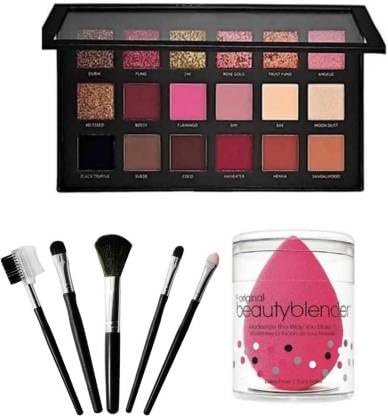 KAARM Rose Gold Eyeshadow Palette - 18 Multicolor Shades for Women & Girls, 5-Piece Makeup Brush Set & 1 Blender Sponge | Perfect for Everyday Makeup, Party Looks & Professional Makeup Artists