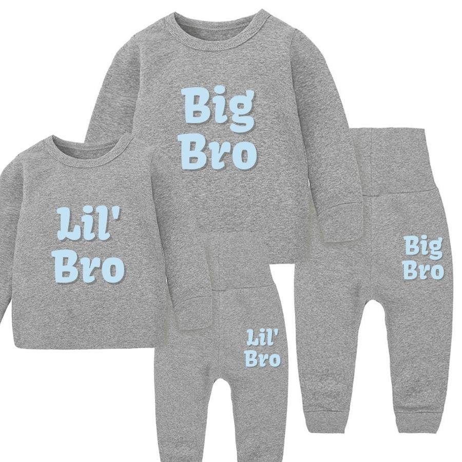 Big Bro & Little Bro Matching Grey Tracksuit Sets with Vivid Logo - Comfortable 2-Piece Outfits for Siblings, Family Photos & Casual Wear